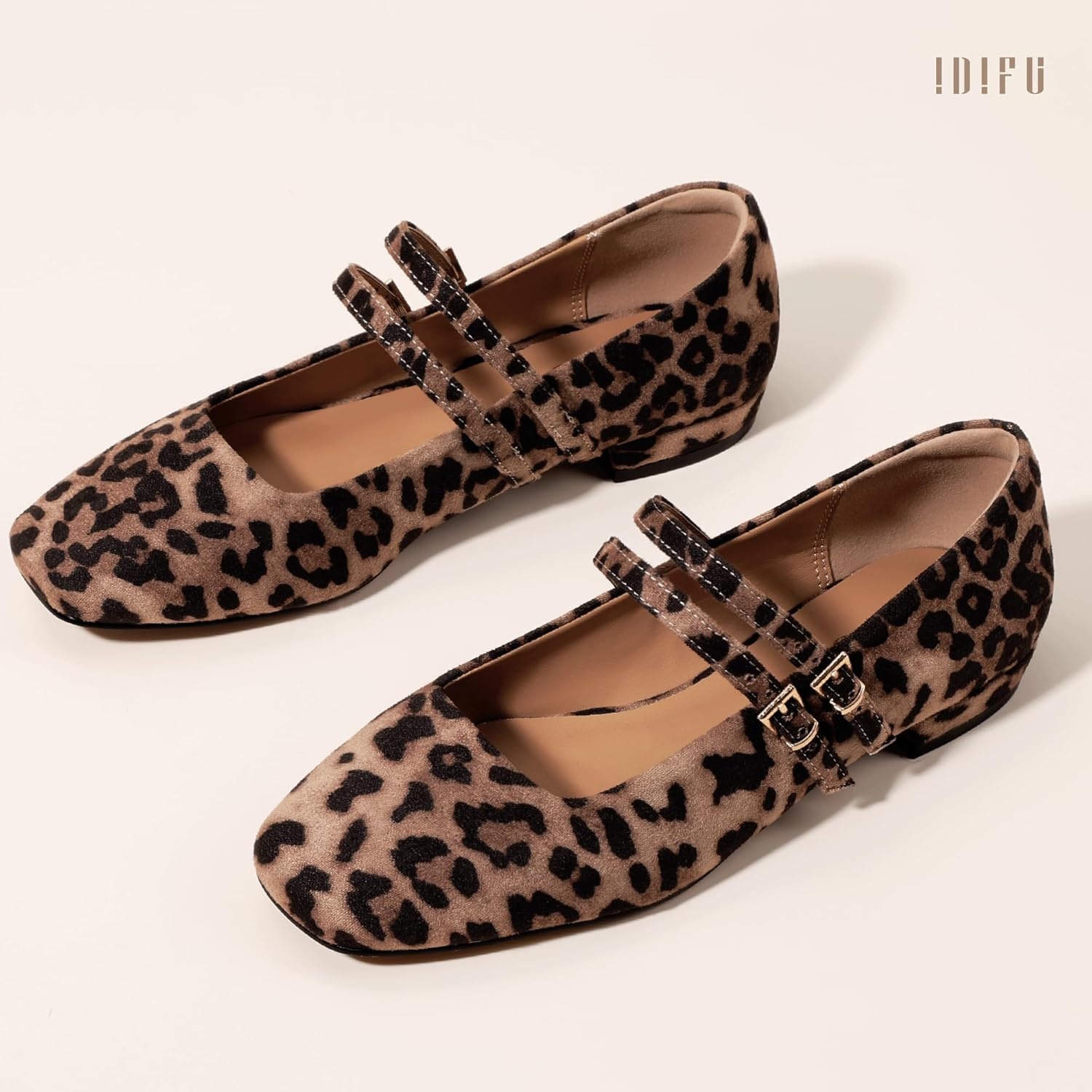image:imageIDIFU Ballet Flats Square Toe Mary Jane Flat Shoes for Women Double Strap Closed Toe Ballerina Flat Dress Shoes Comfortable Casual Formal Work Office Business Cute Fashion Dressy FlatsLeopard Suede