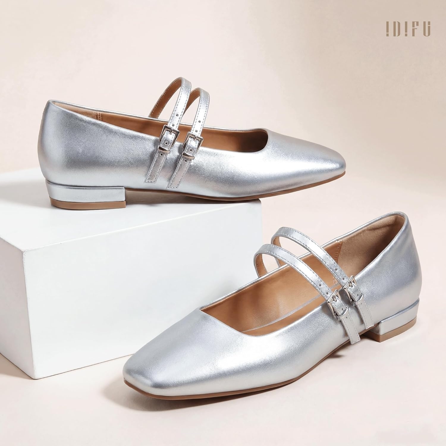 image:imageIDIFU Ballet Flats Square Toe Mary Jane Flat Shoes for Women Double Strap Closed Toe Ballerina Flat Dress Shoes Comfortable Casual Formal Work Office Business Cute Fashion Dressy FlatsSilver Pu