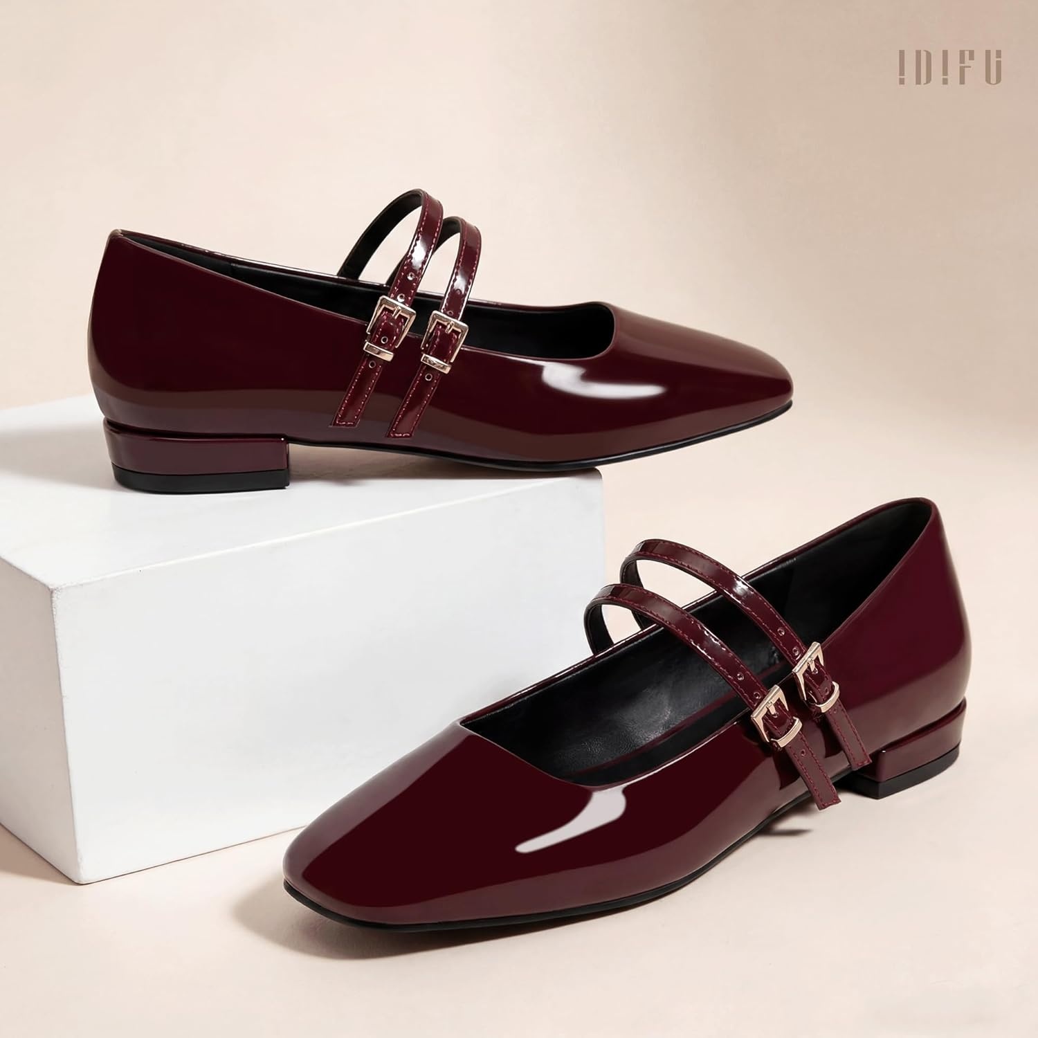 image:imageIDIFU Ballet Flats Square Toe Mary Jane Flat Shoes for Women Double Strap Closed Toe Ballerina Flat Dress Shoes Comfortable Casual Formal Work Office Business Cute Fashion Dressy FlatsRed Pat