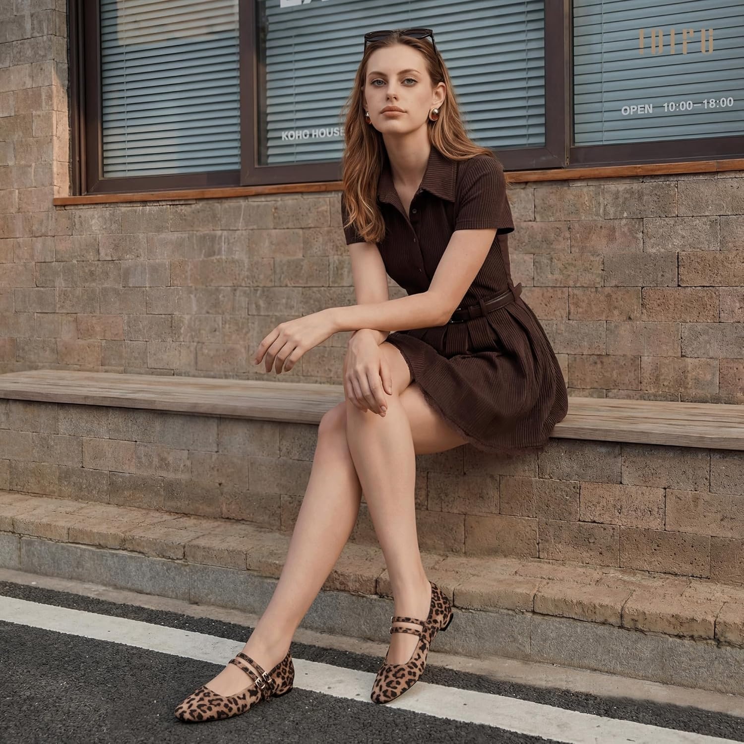 image:imageIDIFU Ballet Flats Square Toe Mary Jane Flat Shoes for Women Double Strap Closed Toe Ballerina Flat Dress Shoes Comfortable Casual Formal Work Office Business Cute Fashion Dressy FlatsLeopard Suede