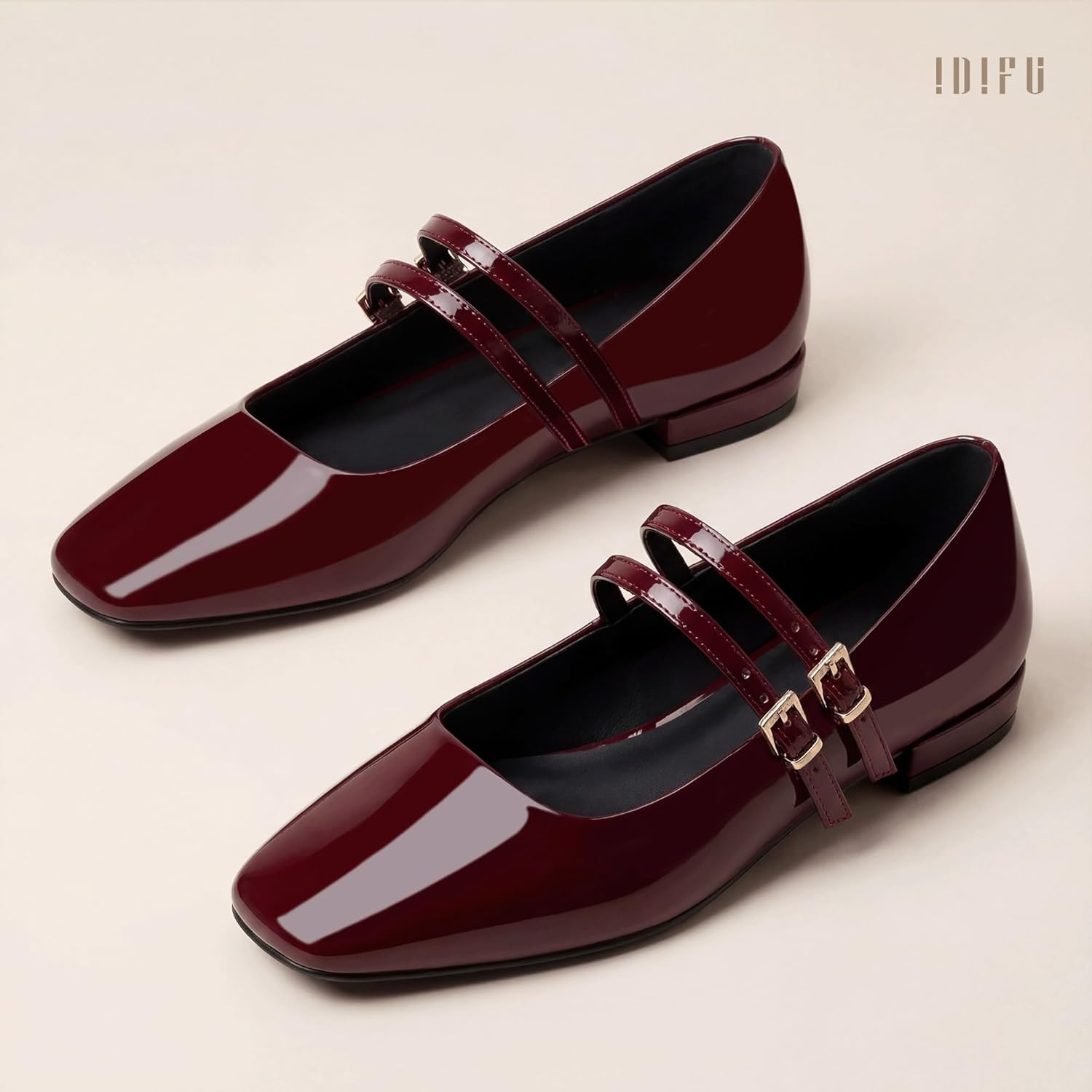 image:imageIDIFU Ballet Flats Square Toe Mary Jane Flat Shoes for Women Double Strap Closed Toe Ballerina Flat Dress Shoes Comfortable Casual Formal Work Office Business Cute Fashion Dressy FlatsRed Pat