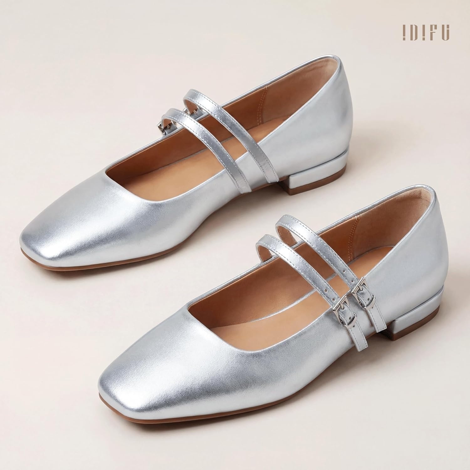 image:imageIDIFU Ballet Flats Square Toe Mary Jane Flat Shoes for Women Double Strap Closed Toe Ballerina Flat Dress Shoes Comfortable Casual Formal Work Office Business Cute Fashion Dressy FlatsSilver Pu