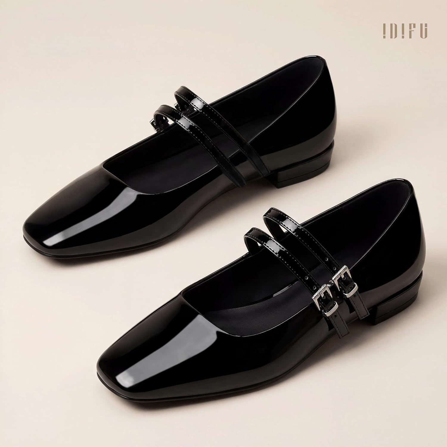 image:imageIDIFU Ballet Flats Square Toe Mary Jane Flat Shoes for Women Double Strap Closed Toe Ballerina Flat Dress Shoes Comfortable Casual Formal Work Office Business Cute Fashion Dressy FlatsBlack Pat
