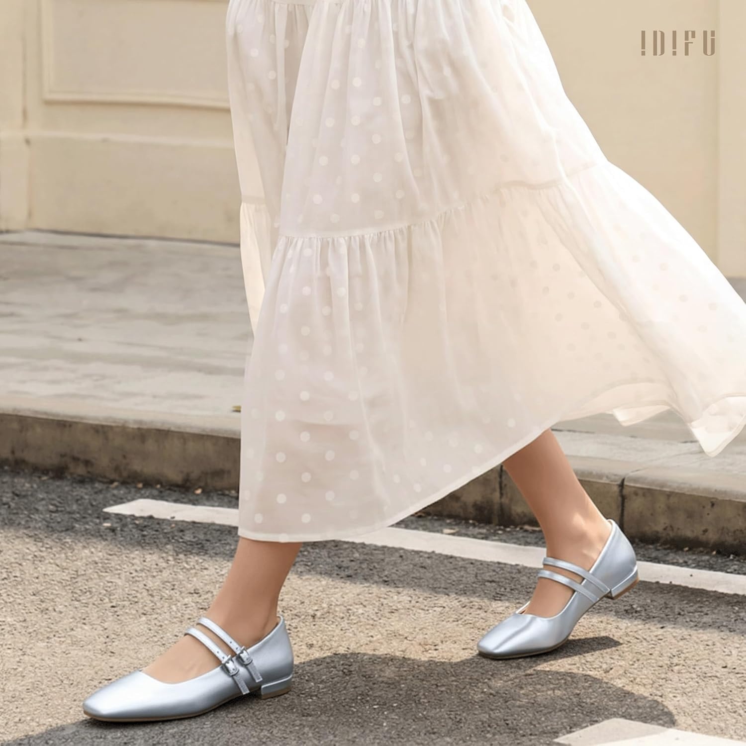 image:imageIDIFU Ballet Flats Square Toe Mary Jane Flat Shoes for Women Double Strap Closed Toe Ballerina Flat Dress Shoes Comfortable Casual Formal Work Office Business Cute Fashion Dressy FlatsSilver Pu