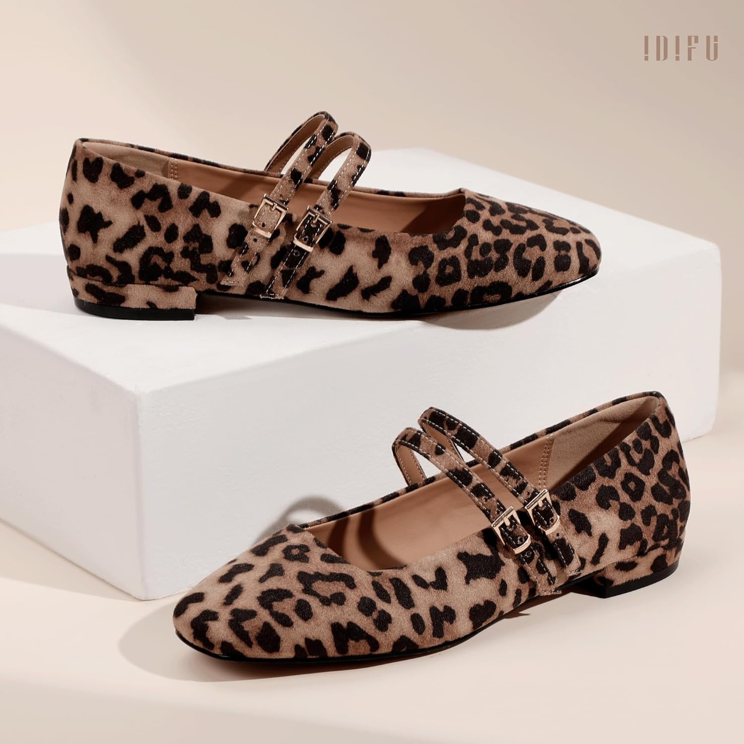 image:imageIDIFU Ballet Flats Square Toe Mary Jane Flat Shoes for Women Double Strap Closed Toe Ballerina Flat Dress Shoes Comfortable Casual Formal Work Office Business Cute Fashion Dressy FlatsLeopard Suede
