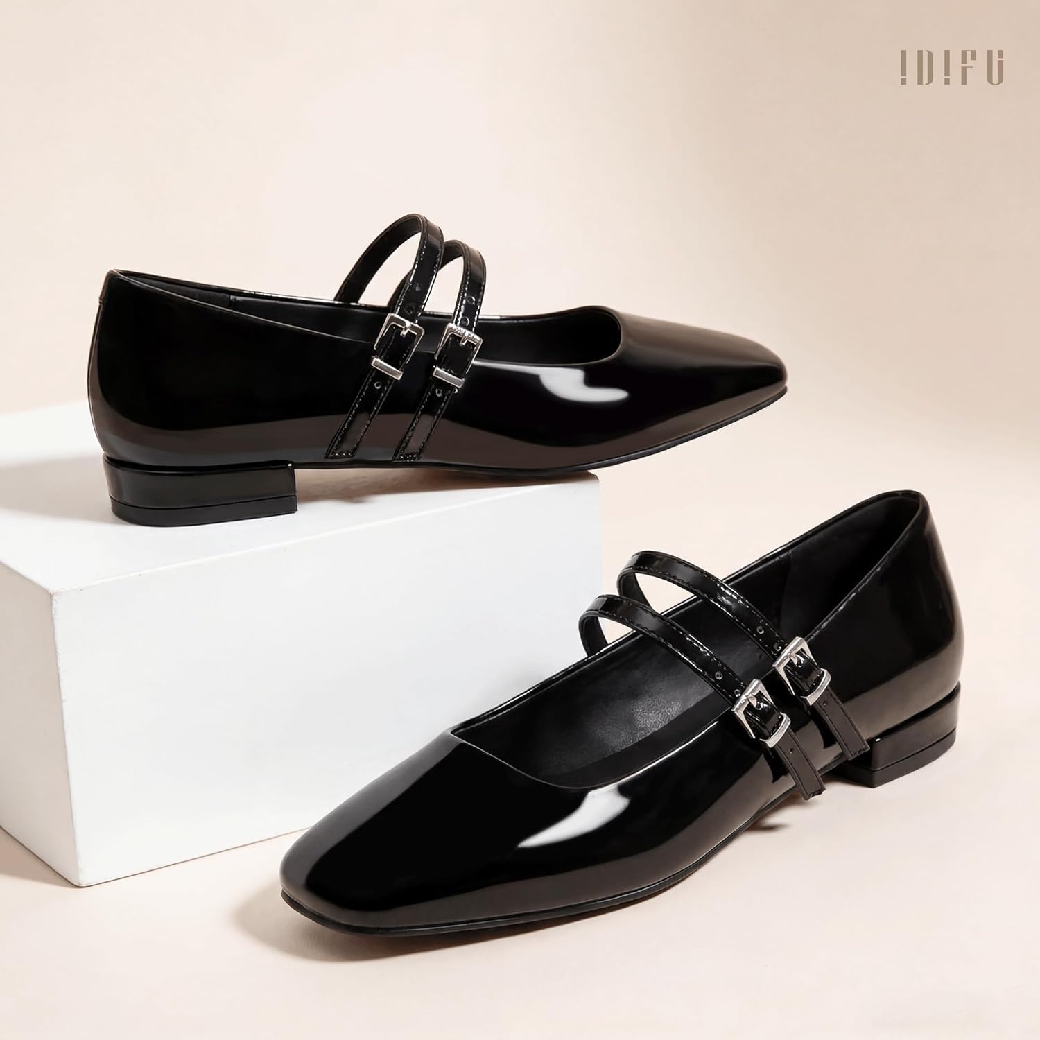image:imageIDIFU Ballet Flats Square Toe Mary Jane Flat Shoes for Women Double Strap Closed Toe Ballerina Flat Dress Shoes Comfortable Casual Formal Work Office Business Cute Fashion Dressy FlatsBlack Pat