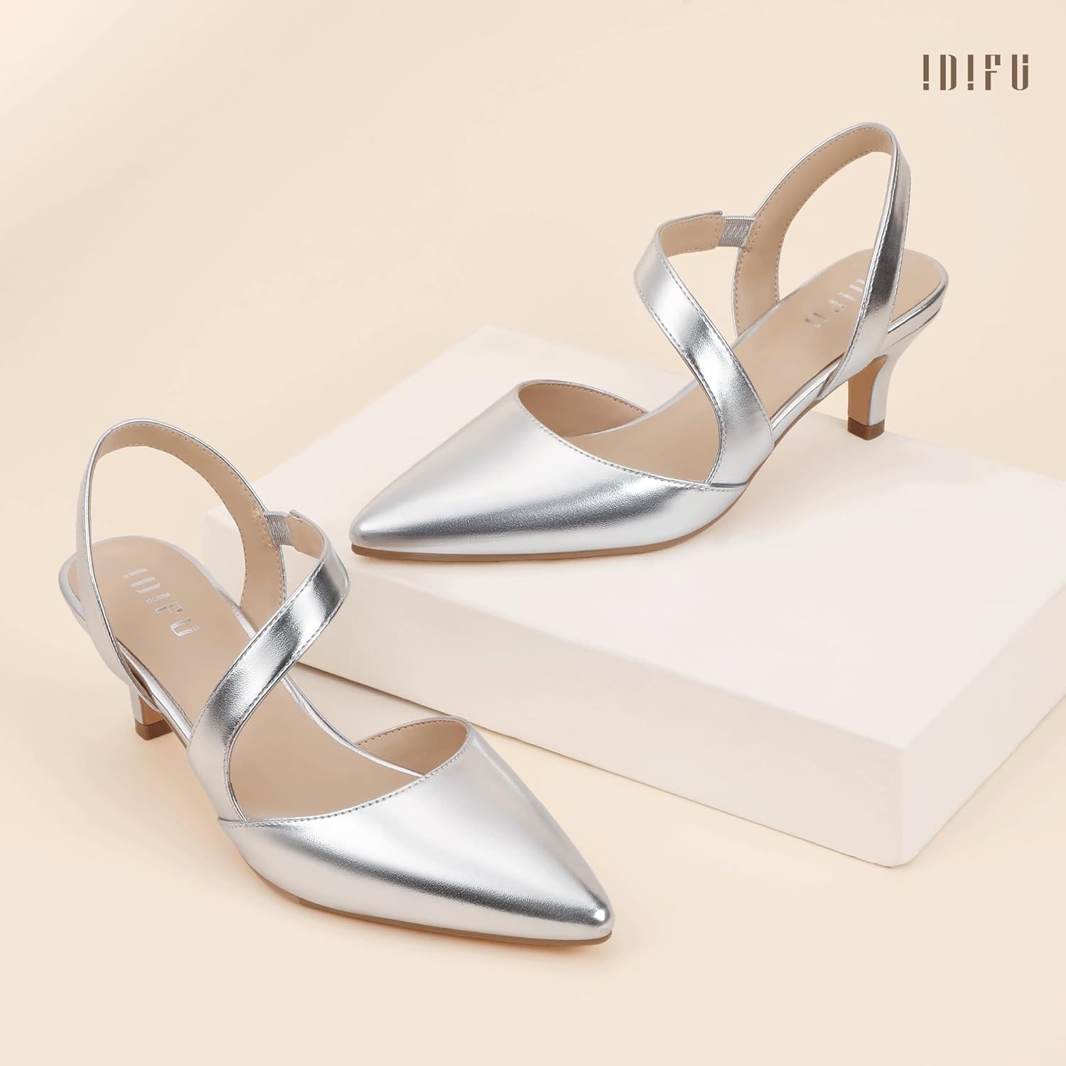 image:imageIDIFU IN2 Kitten Closed Toe Heels Slingback Low Short Pointed Pumps Small Comfortable Work Dress Shoes for Women Wedding Prom Graduation Heel Formal Cute Ladies Pumps ShoesSilver Pu