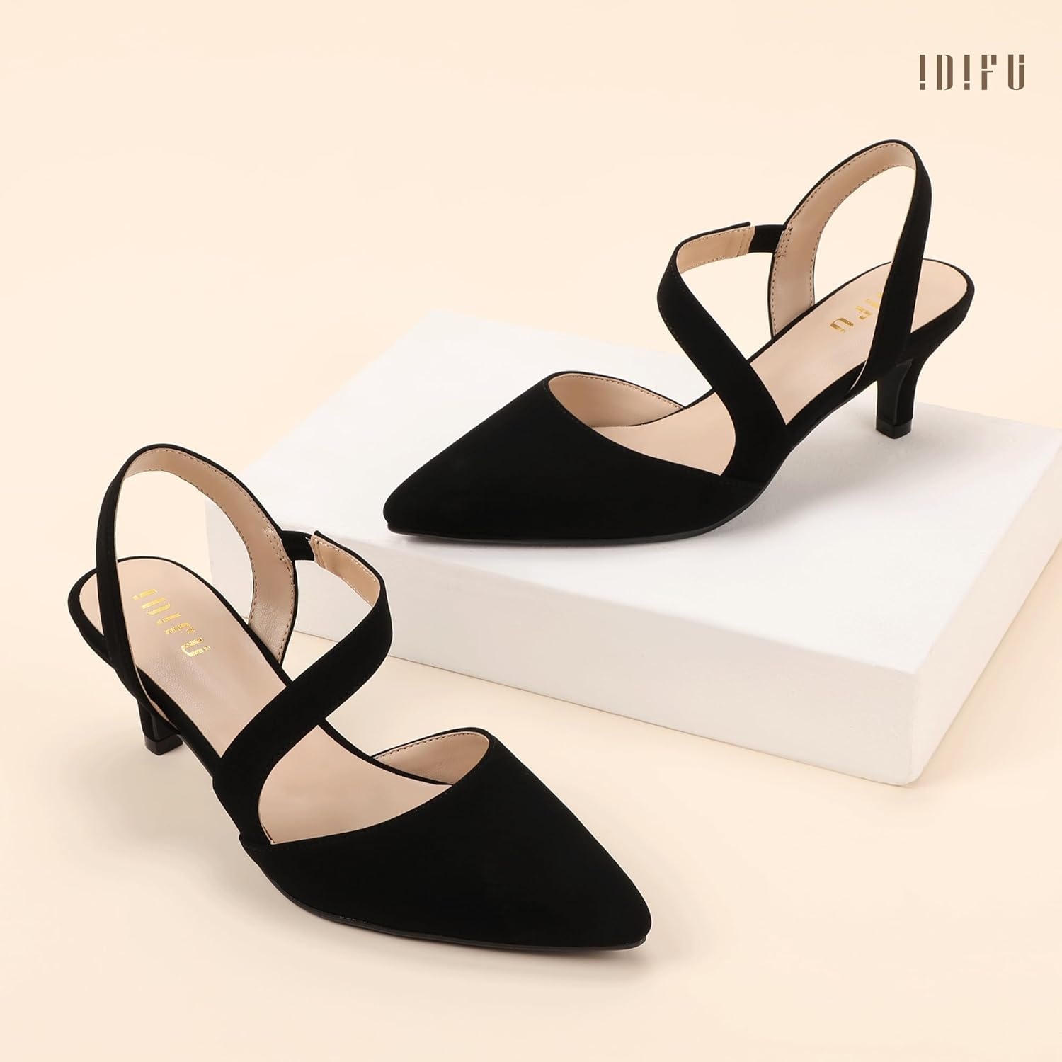 image:imageIDIFU IN2 Kitten Closed Toe Heels Slingback Low Short Pointed Pumps Small Comfortable Work Dress Shoes for Women Wedding Prom Graduation Heel Formal Cute Ladies Pumps ShoesBlack Nubuck