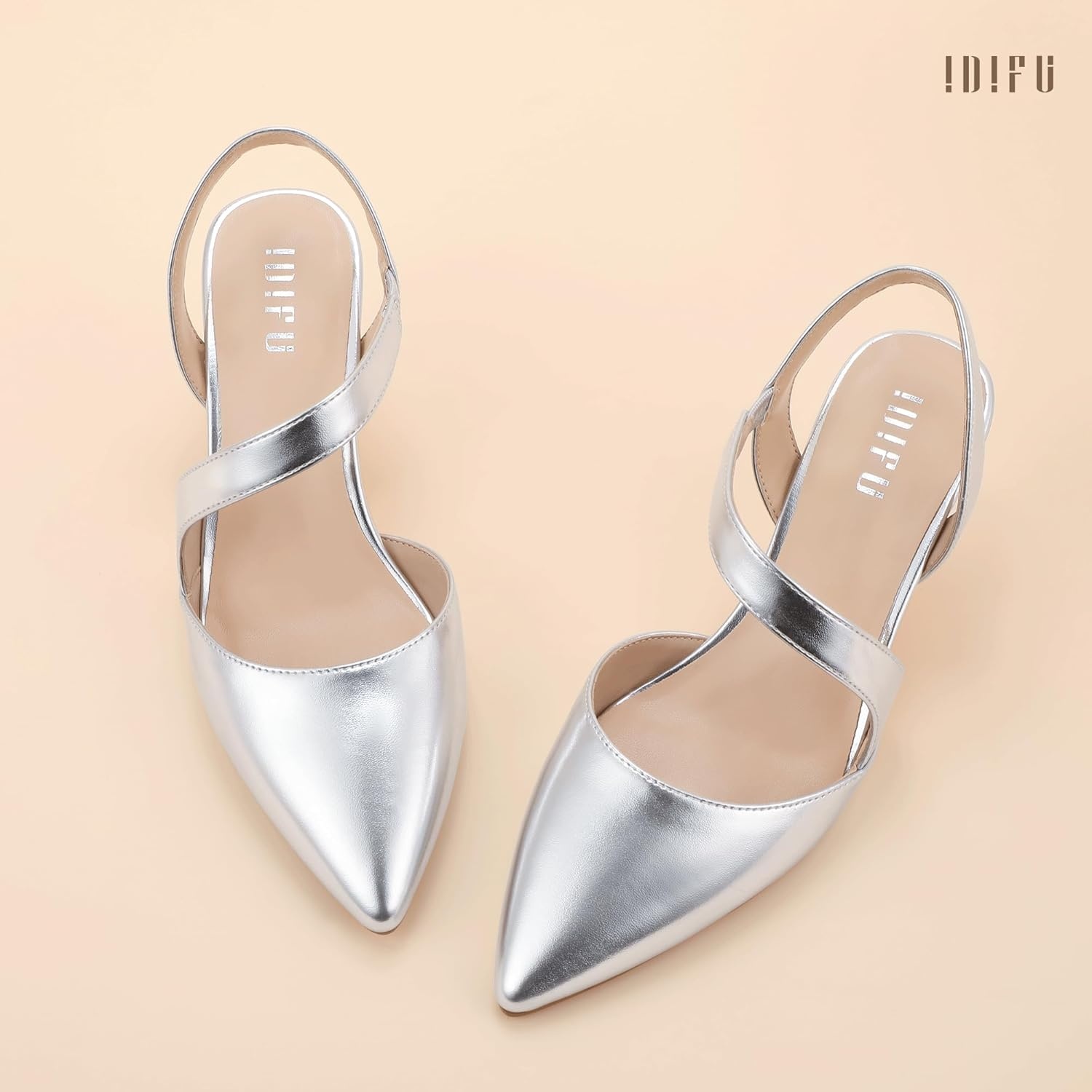 image:imageIDIFU IN2 Kitten Closed Toe Heels Slingback Low Short Pointed Pumps Small Comfortable Work Dress Shoes for Women Wedding Prom Graduation Heel Formal Cute Ladies Pumps ShoesSilver Pu