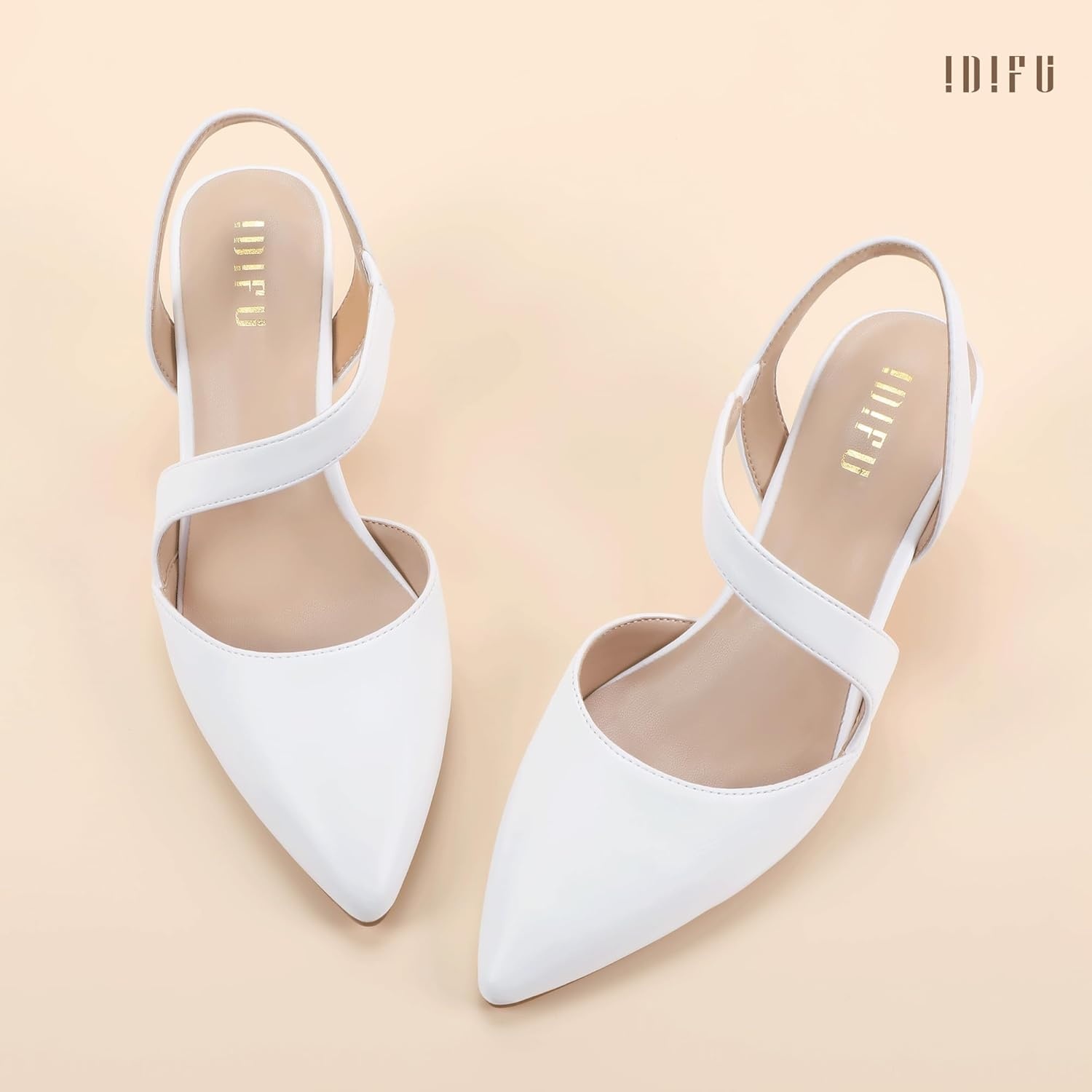 image:imageIDIFU IN2 Kitten Closed Toe Heels Slingback Low Short Pointed Pumps Small Comfortable Work Dress Shoes for Women Wedding Prom Graduation Heel Formal Cute Ladies Pumps ShoesWhite Pu