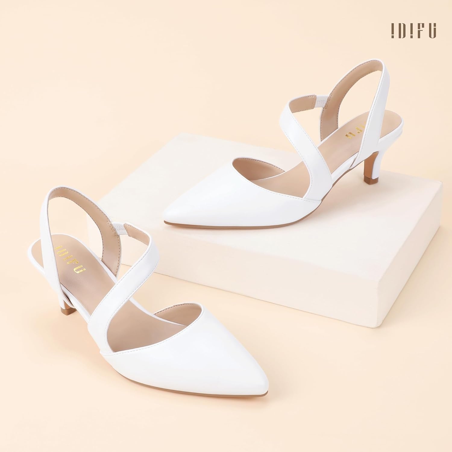 image:imageIDIFU IN2 Kitten Closed Toe Heels Slingback Low Short Pointed Pumps Small Comfortable Work Dress Shoes for Women Wedding Prom Graduation Heel Formal Cute Ladies Pumps ShoesWhite Pu