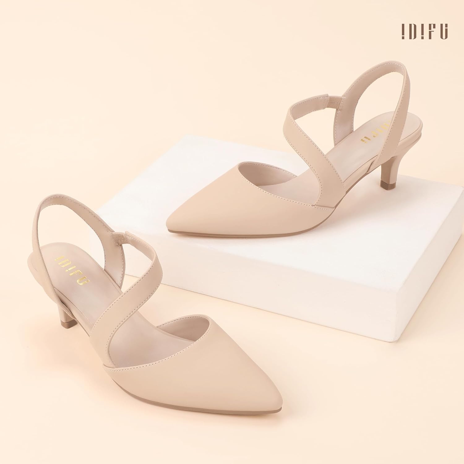 image:imageIDIFU IN2 Kitten Closed Toe Heels Slingback Low Short Pointed Pumps Small Comfortable Work Dress Shoes for Women Wedding Prom Graduation Heel Formal Cute Ladies Pumps ShoesNude Nubuck