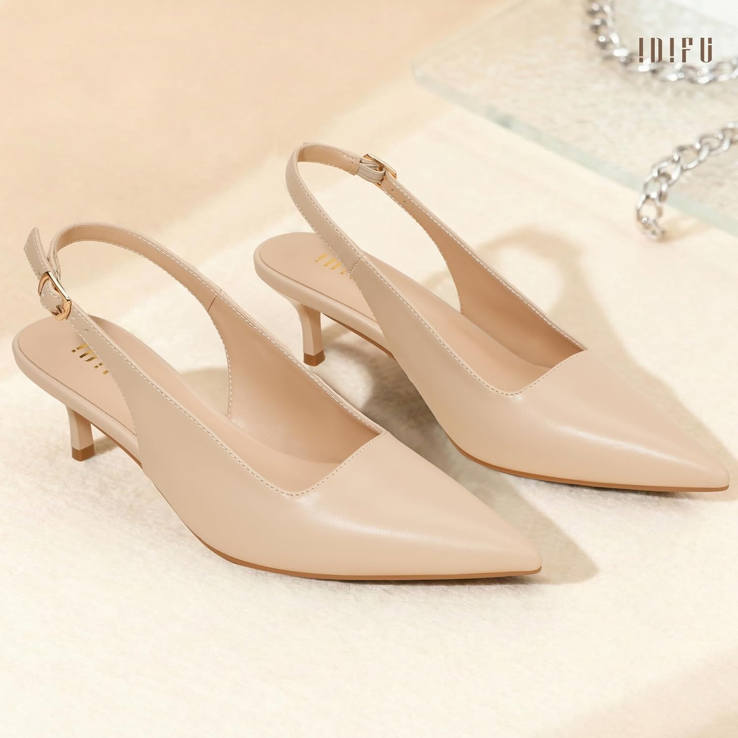 image:imageIDIFU IN2 Kitten Heels Slingback Dress Shoes for Women Low Closed Pointed Toe Small Heels Ladies Brides Dressy Wedding Formal Office Party Evening Prom Comfortable Classy Trendy Cute Pumps ShoesNude Pu