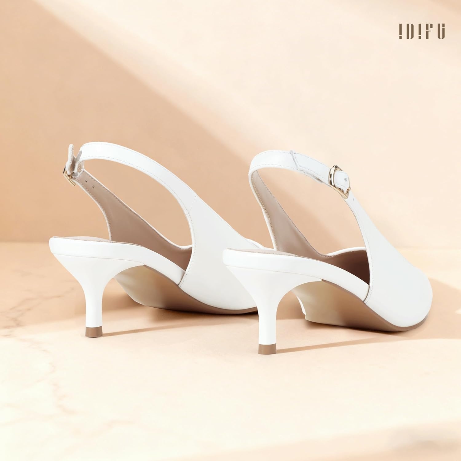 image:imageIDIFU IN2 Kitten Heels Slingback Dress Shoes for Women Low Closed Pointed Toe Small Heels Ladies Brides Dressy Wedding Formal Office Party Evening Prom Comfortable Classy Trendy Cute Pumps ShoesWhite Pu