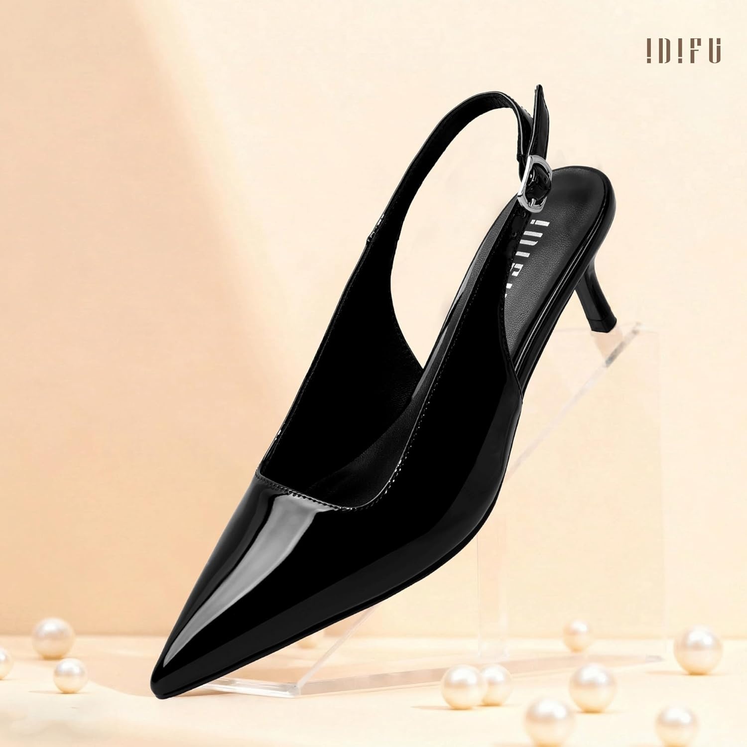 image:imageIDIFU IN2 Kitten Heels Slingback Dress Shoes for Women Low Closed Pointed Toe Small Heels Ladies Brides Dressy Wedding Formal Office Party Evening Prom Comfortable Classy Trendy Cute Pumps ShoesBlack Pat
