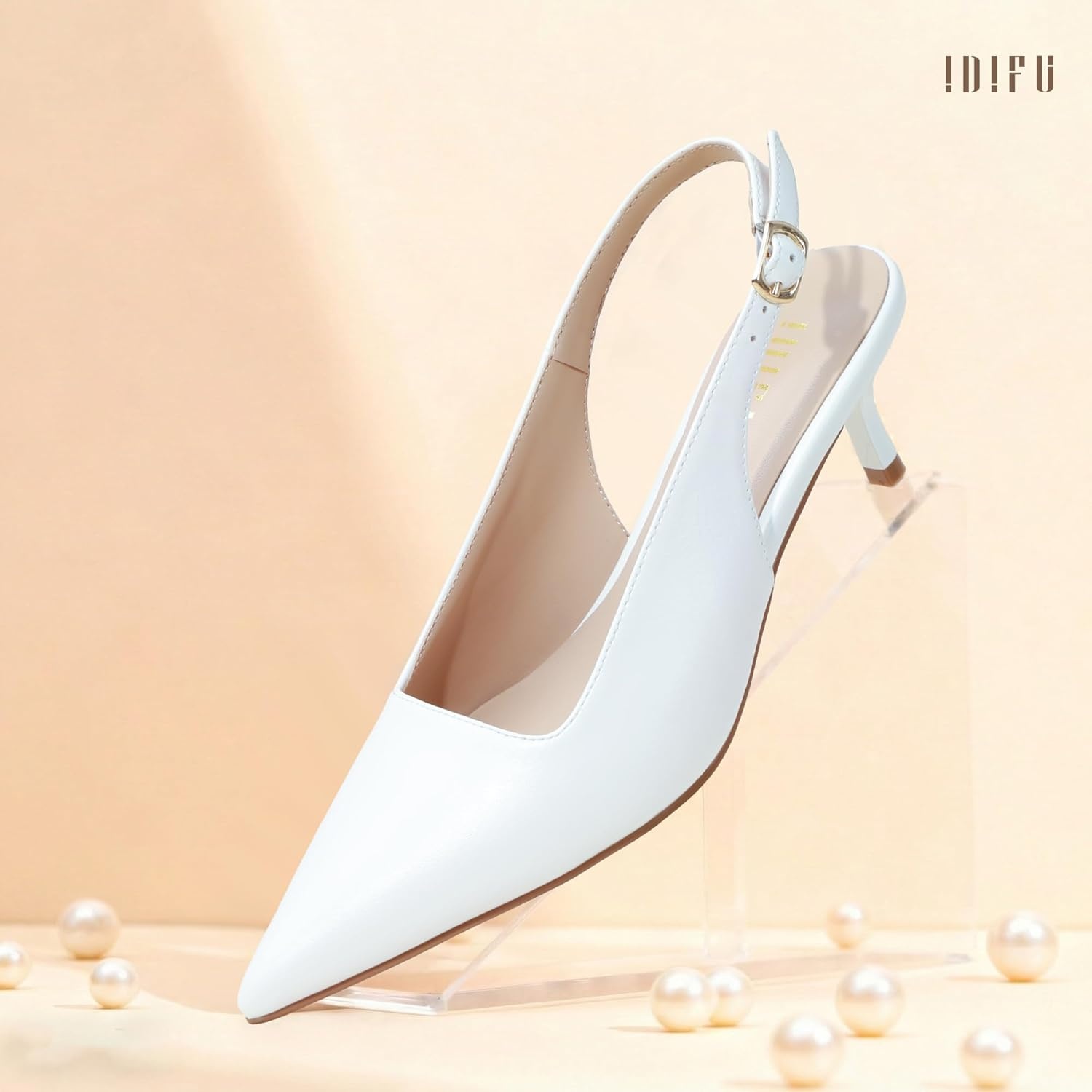 image:imageIDIFU IN2 Kitten Heels Slingback Dress Shoes for Women Low Closed Pointed Toe Small Heels Ladies Brides Dressy Wedding Formal Office Party Evening Prom Comfortable Classy Trendy Cute Pumps ShoesWhite Pu
