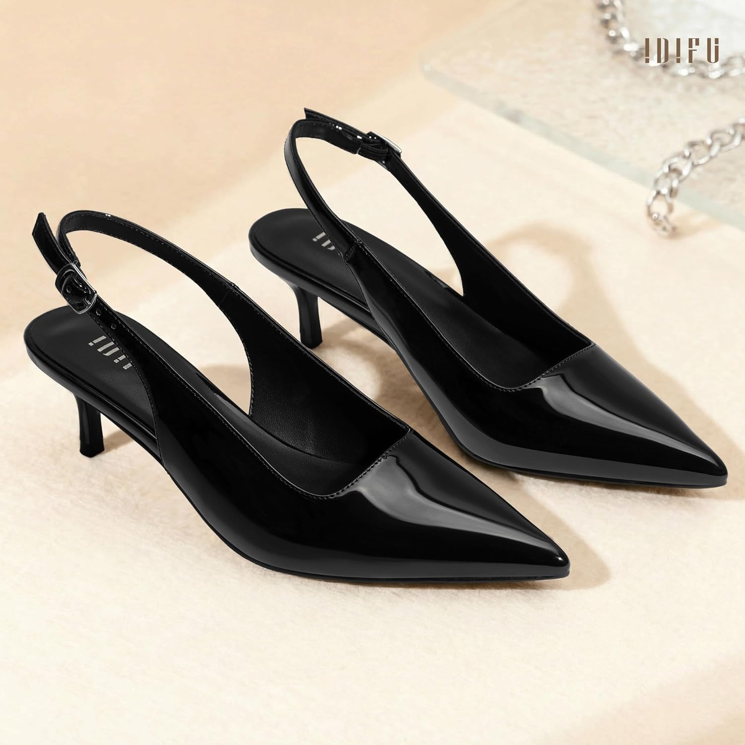 image:imageIDIFU IN2 Kitten Heels Slingback Dress Shoes for Women Low Closed Pointed Toe Small Heels Ladies Brides Dressy Wedding Formal Office Party Evening Prom Comfortable Classy Trendy Cute Pumps ShoesBlack Pat