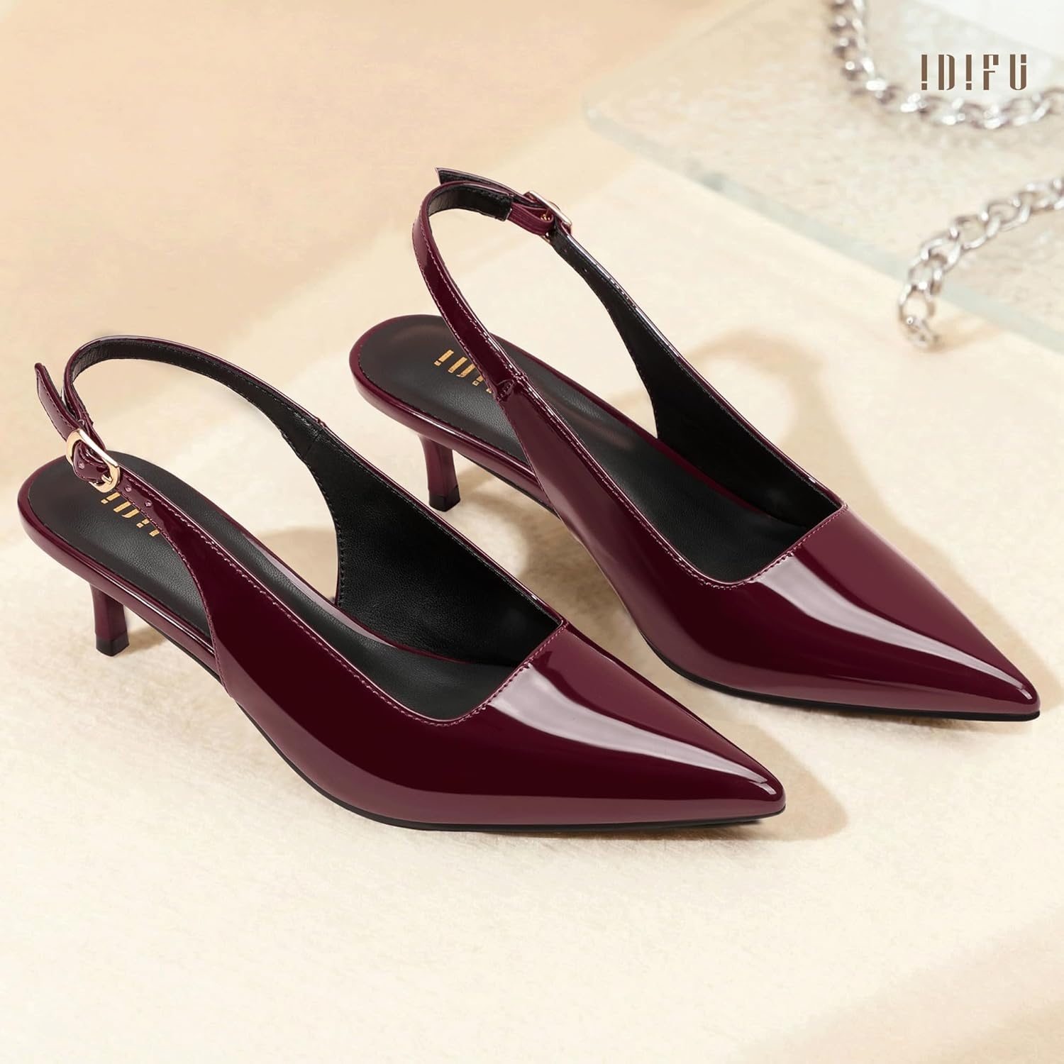 image:imageIDIFU IN2 Kitten Heels Slingback Dress Shoes for Women Low Closed Pointed Toe Small Heels Ladies Brides Dressy Wedding Formal Office Party Evening Prom Comfortable Classy Trendy Cute Pumps ShoesRed Pat