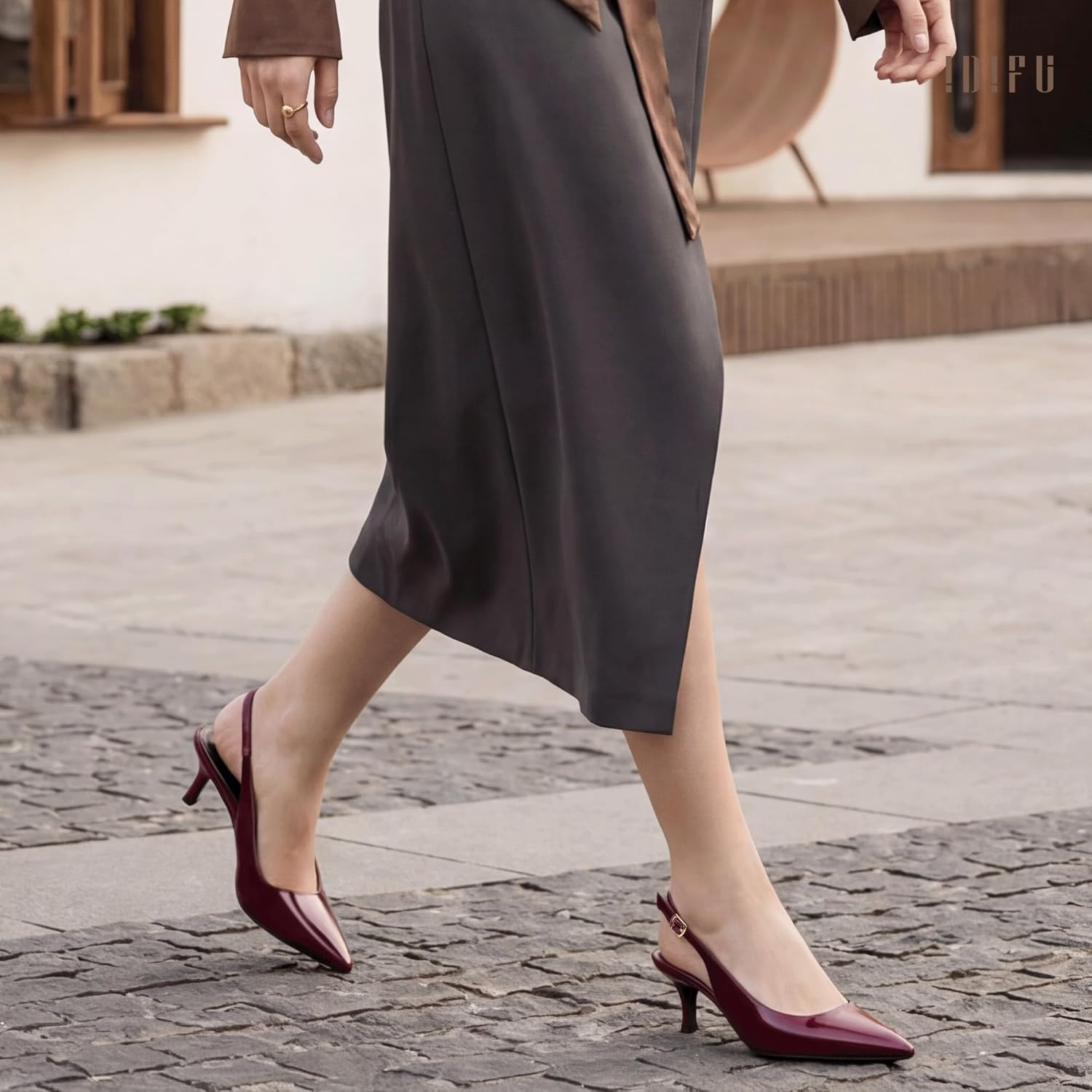 image:imageIDIFU IN2 Kitten Heels Slingback Dress Shoes for Women Low Closed Pointed Toe Small Heels Ladies Brides Dressy Wedding Formal Office Party Evening Prom Comfortable Classy Trendy Cute Pumps ShoesRed Pat
