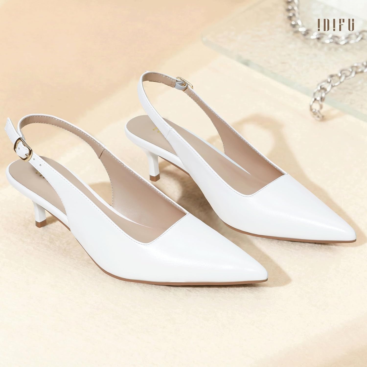 image:imageIDIFU IN2 Kitten Heels Slingback Dress Shoes for Women Low Closed Pointed Toe Small Heels Ladies Brides Dressy Wedding Formal Office Party Evening Prom Comfortable Classy Trendy Cute Pumps ShoesWhite Pu