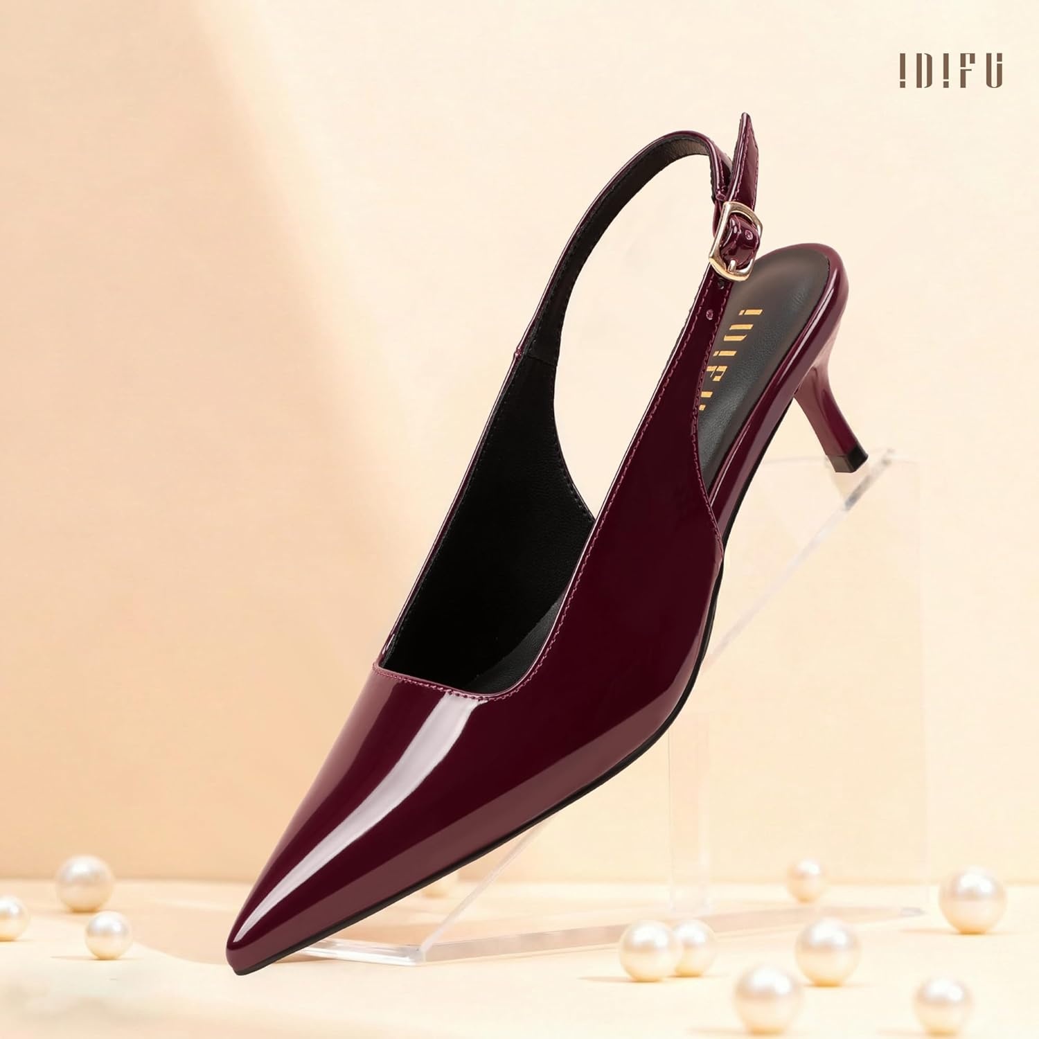 image:imageIDIFU IN2 Kitten Heels Slingback Dress Shoes for Women Low Closed Pointed Toe Small Heels Ladies Brides Dressy Wedding Formal Office Party Evening Prom Comfortable Classy Trendy Cute Pumps ShoesRed Pat