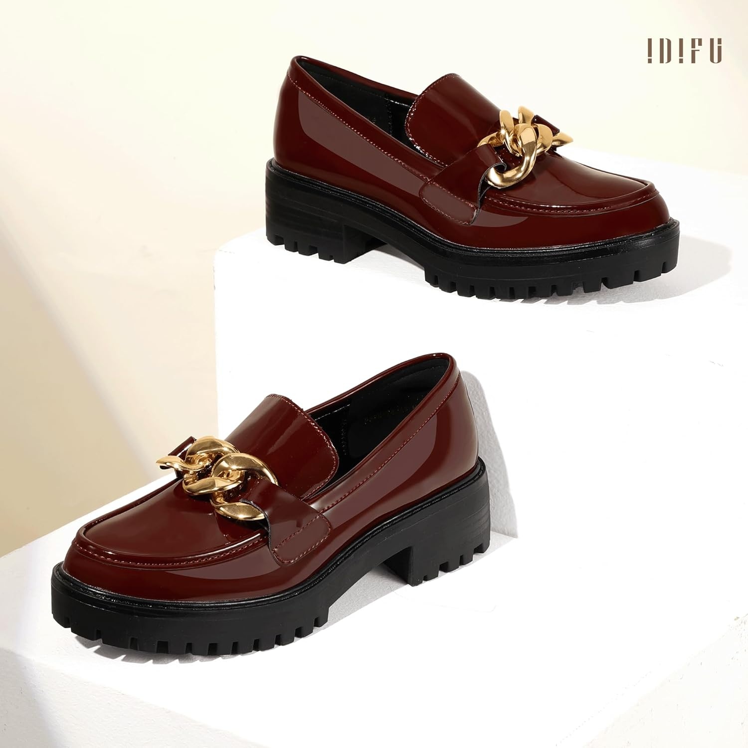 image:imageIDIFU IN2 Platform Loafers for Women Dressy with Metal Chain Slip On Low Chunky Block Lug Sole Heeled Penny Loafers Comfort Closed Round Toe Dress Shoes Office Work Business Casual Fall Loafers ShoesRed Patent