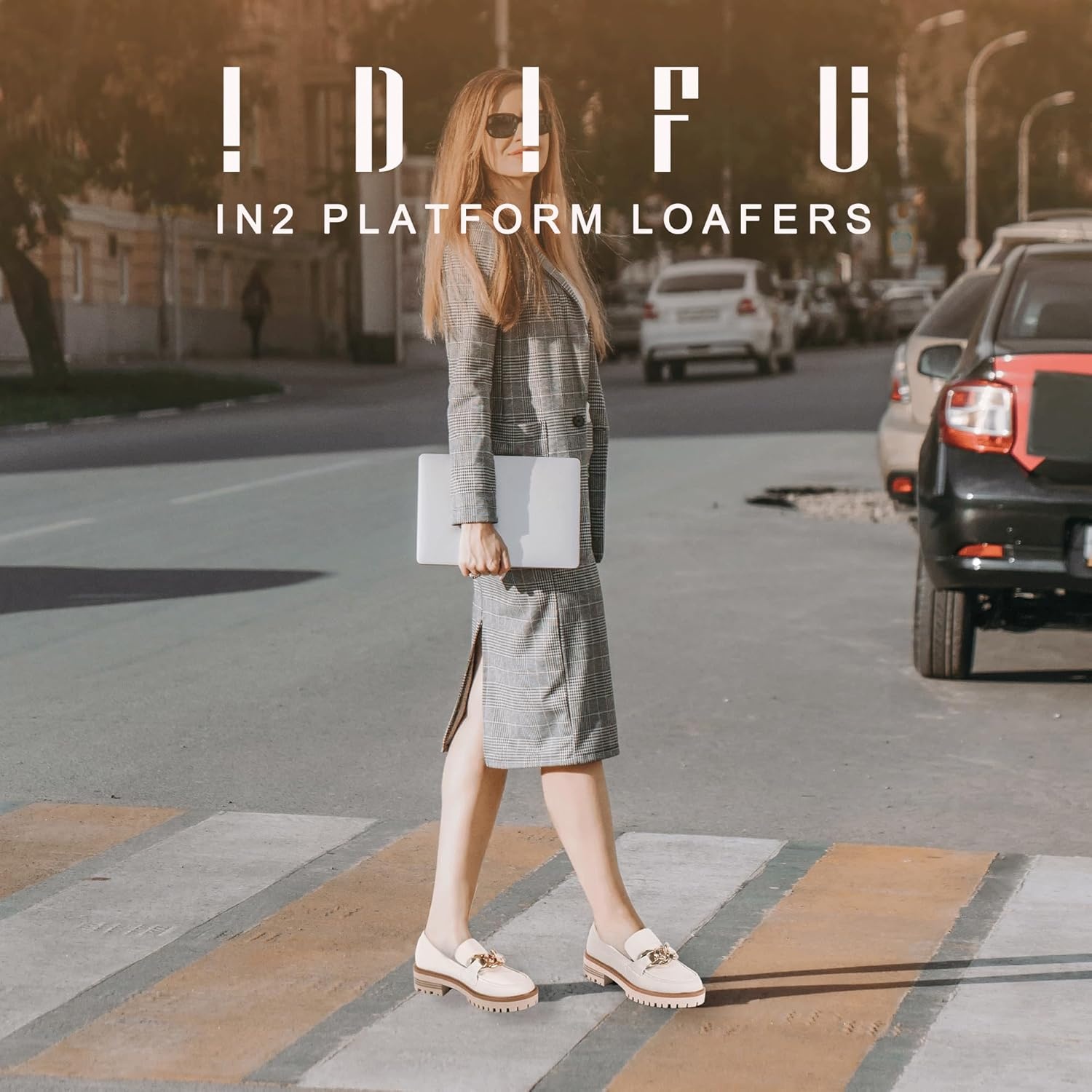 image:imageIDIFU IN2 Platform Loafers for Women Dressy with Metal Chain Slip On Low Chunky Block Lug Sole Heeled Penny Loafers Comfort Closed Round Toe Dress Shoes Office Work Business Casual Fall Loafers ShoesBeige Pu