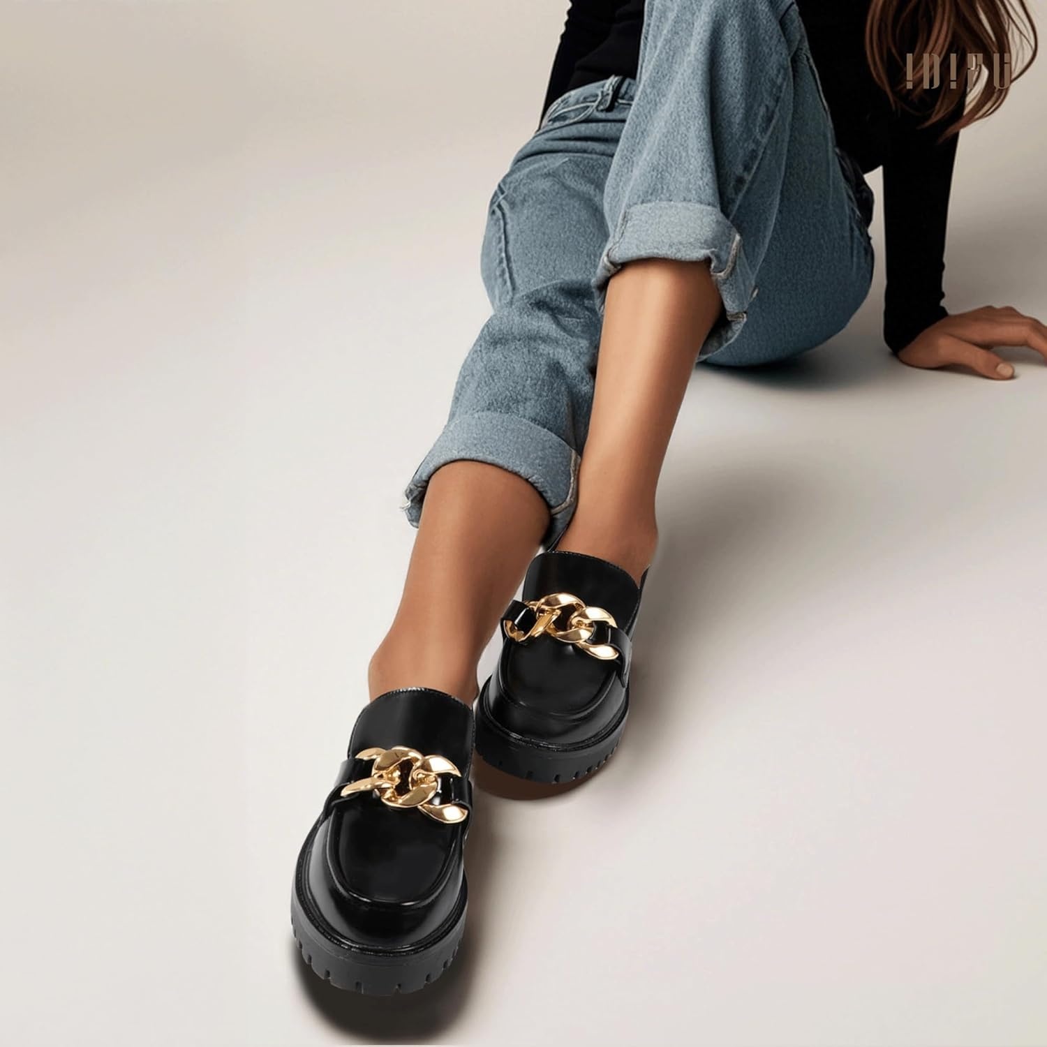 image:imageIDIFU IN2 Platform Loafers for Women Dressy with Metal Chain Slip On Low Chunky Block Lug Sole Heeled Penny Loafers Comfort Closed Round Toe Dress Shoes Office Work Business Casual Fall Loafers ShoesBlack Pu