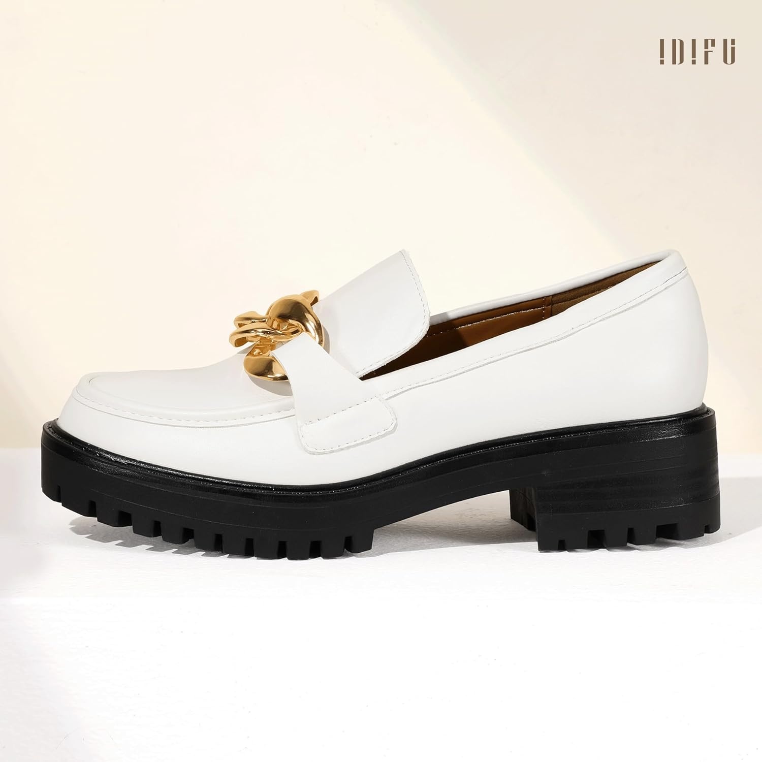 image:imageIDIFU IN2 Platform Loafers for Women Dressy with Metal Chain Slip On Low Chunky Block Lug Sole Heeled Penny Loafers Comfort Closed Round Toe Dress Shoes Office Work Business Casual Fall Loafers ShoesWhite Pu