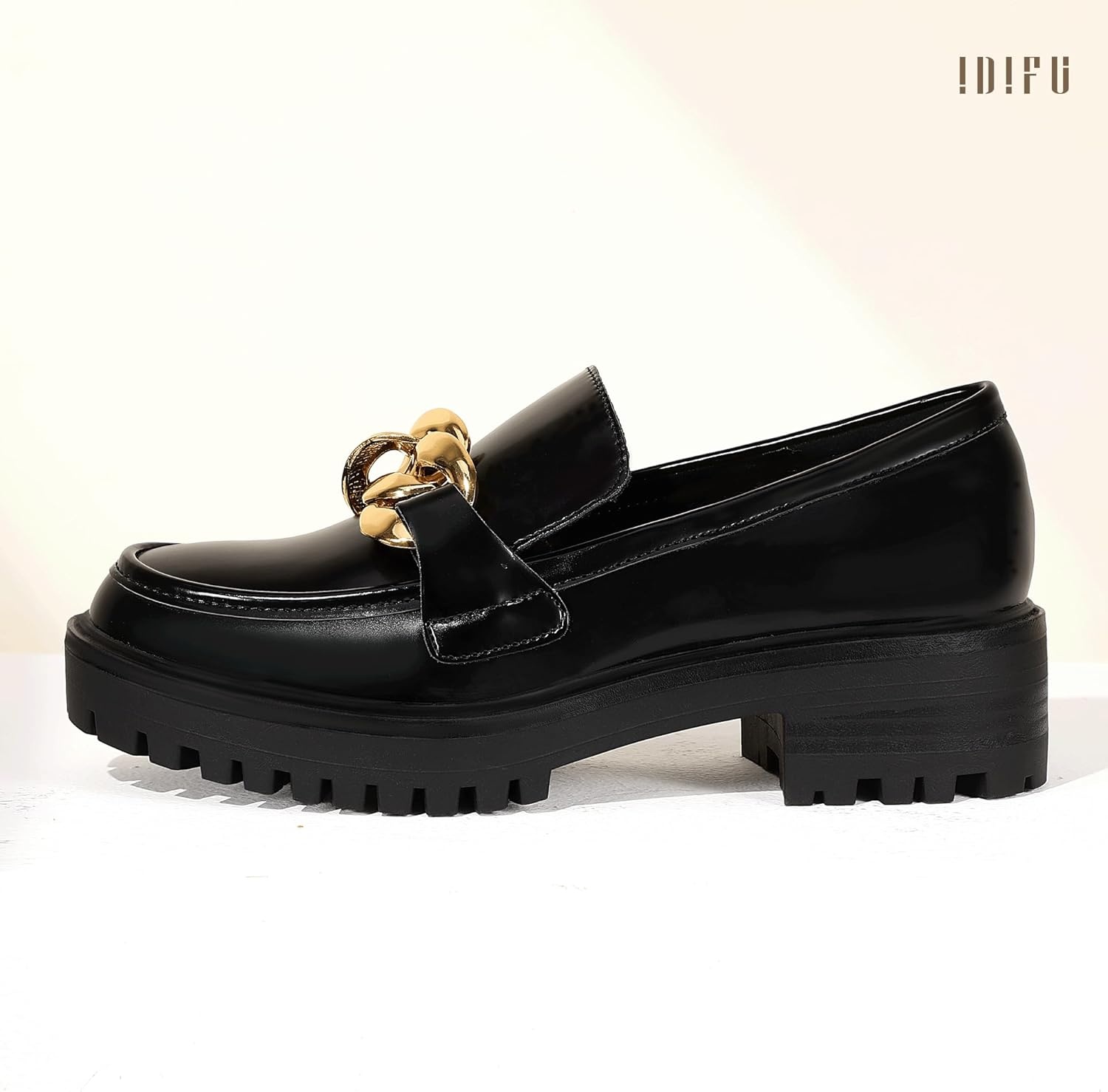 image:imageIDIFU IN2 Platform Loafers for Women Dressy with Metal Chain Slip On Low Chunky Block Lug Sole Heeled Penny Loafers Comfort Closed Round Toe Dress Shoes Office Work Business Casual Fall Loafers ShoesBlack Pu