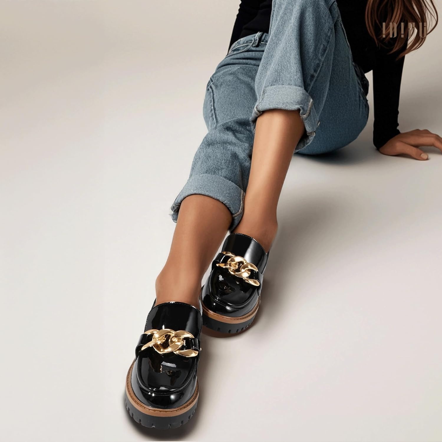 image:imageIDIFU IN2 Platform Loafers for Women Dressy with Metal Chain Slip On Low Chunky Block Lug Sole Heeled Penny Loafers Comfort Closed Round Toe Dress Shoes Office Work Business Casual Fall Loafers ShoesBlack Patent