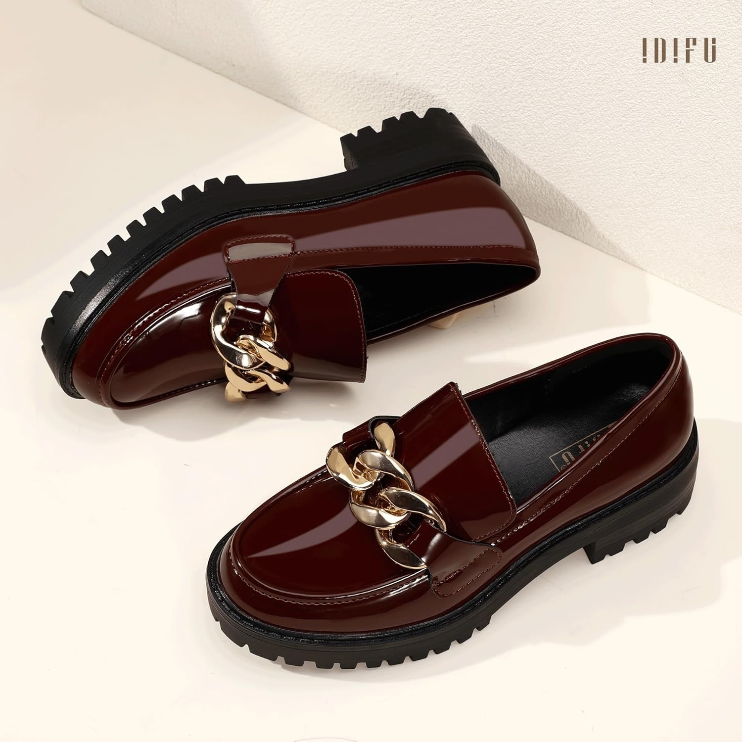 image:imageIDIFU IN2 Platform Loafers for Women Dressy with Metal Chain Slip On Low Chunky Block Lug Sole Heeled Penny Loafers Comfort Closed Round Toe Dress Shoes Office Work Business Casual Fall Loafers ShoesRed Patent