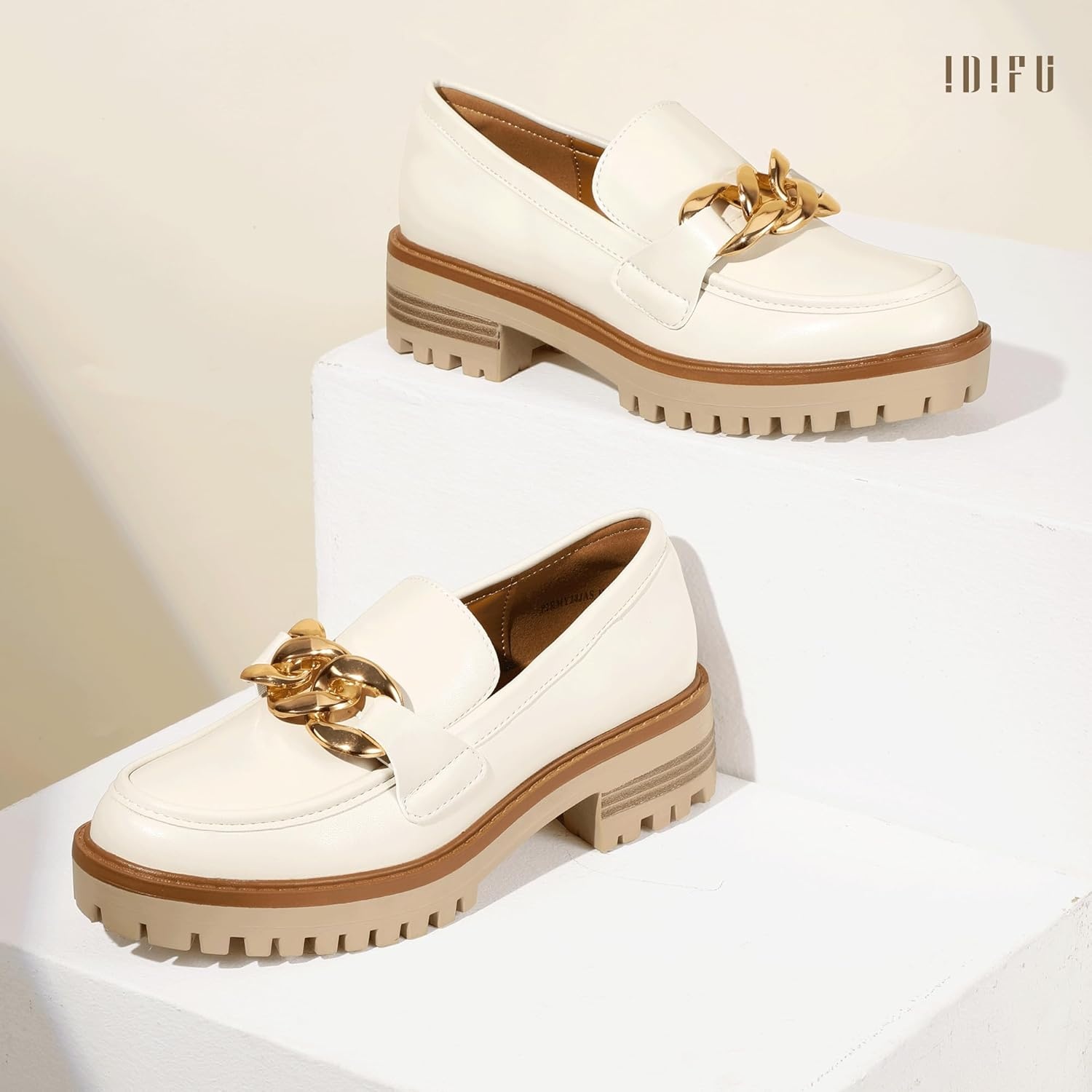 image:imageIDIFU IN2 Platform Loafers for Women Dressy with Metal Chain Slip On Low Chunky Block Lug Sole Heeled Penny Loafers Comfort Closed Round Toe Dress Shoes Office Work Business Casual Fall Loafers ShoesBeige Pu