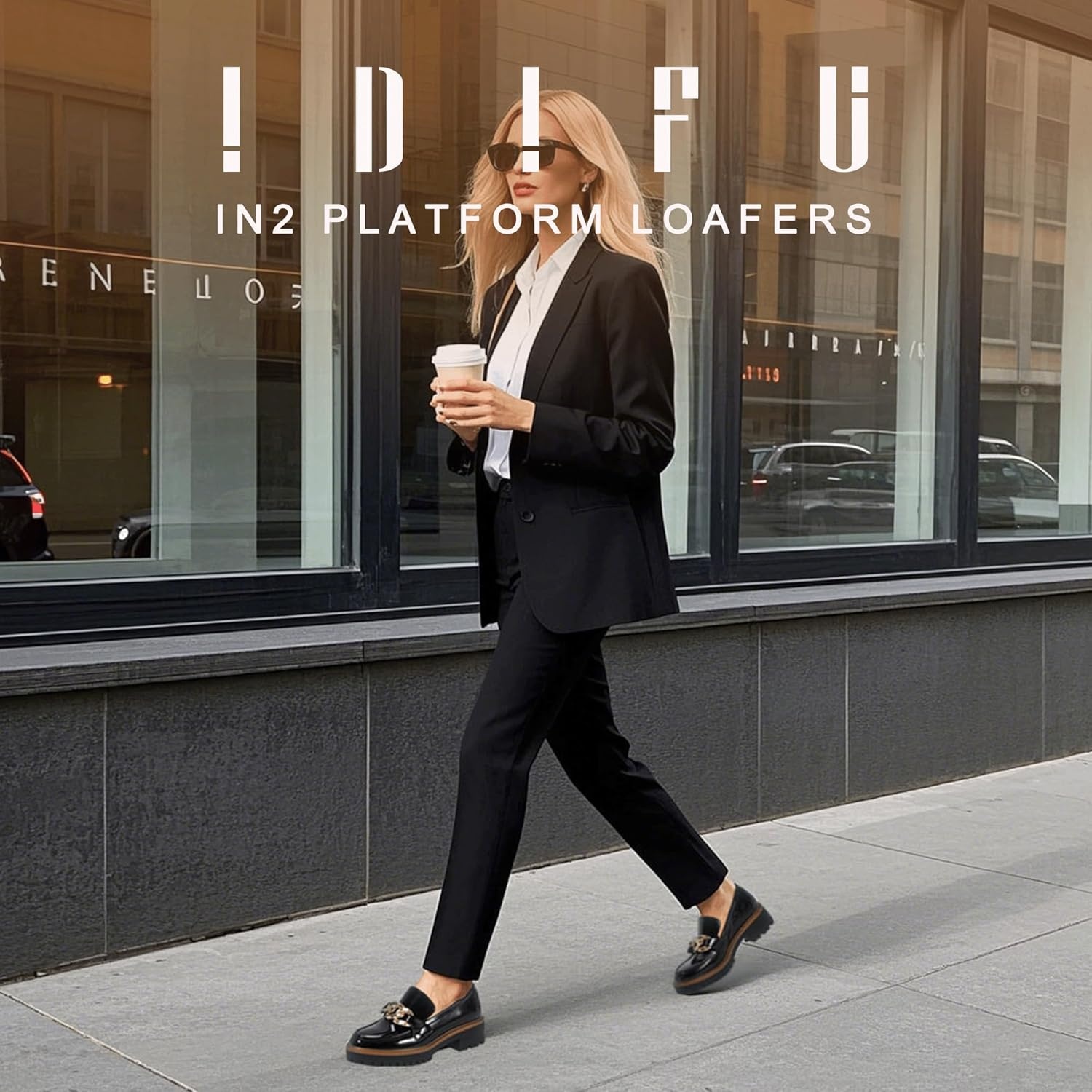 image:imageIDIFU IN2 Platform Loafers for Women Dressy with Metal Chain Slip On Low Chunky Block Lug Sole Heeled Penny Loafers Comfort Closed Round Toe Dress Shoes Office Work Business Casual Fall Loafers ShoesBlack Patent