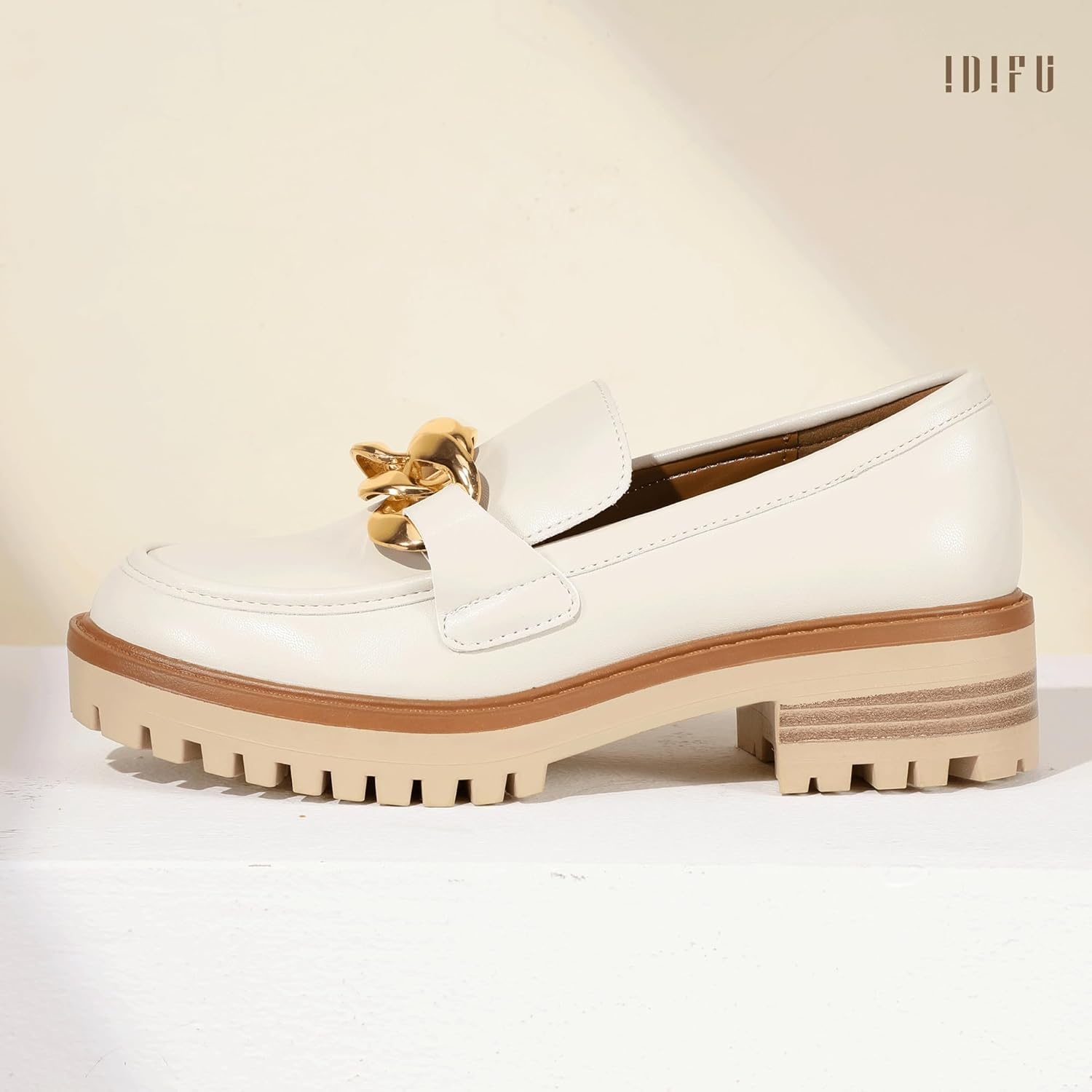 image:imageIDIFU IN2 Platform Loafers for Women Dressy with Metal Chain Slip On Low Chunky Block Lug Sole Heeled Penny Loafers Comfort Closed Round Toe Dress Shoes Office Work Business Casual Fall Loafers ShoesBeige Pu