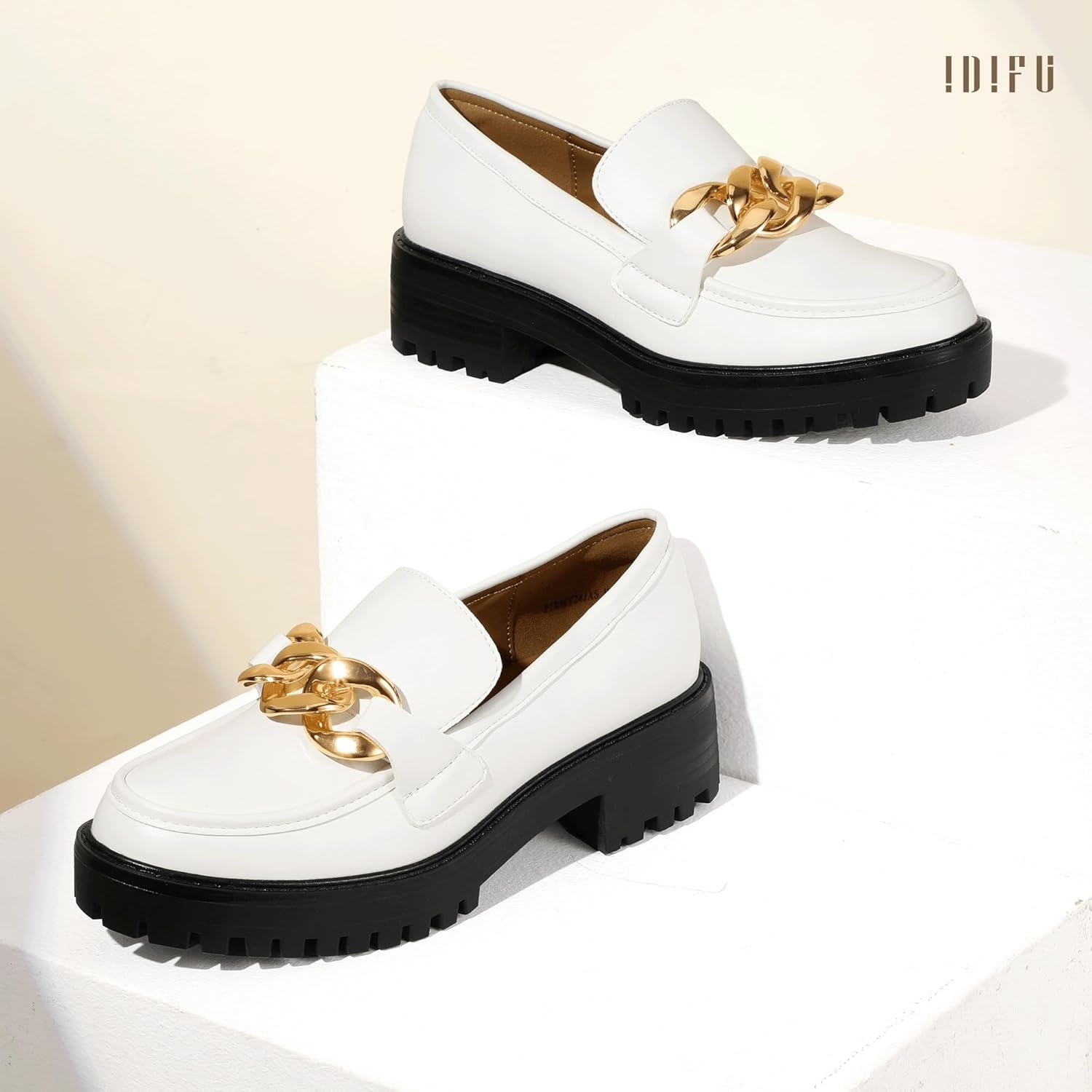 image:imageIDIFU IN2 Platform Loafers for Women Dressy with Metal Chain Slip On Low Chunky Block Lug Sole Heeled Penny Loafers Comfort Closed Round Toe Dress Shoes Office Work Business Casual Fall Loafers ShoesWhite Pu