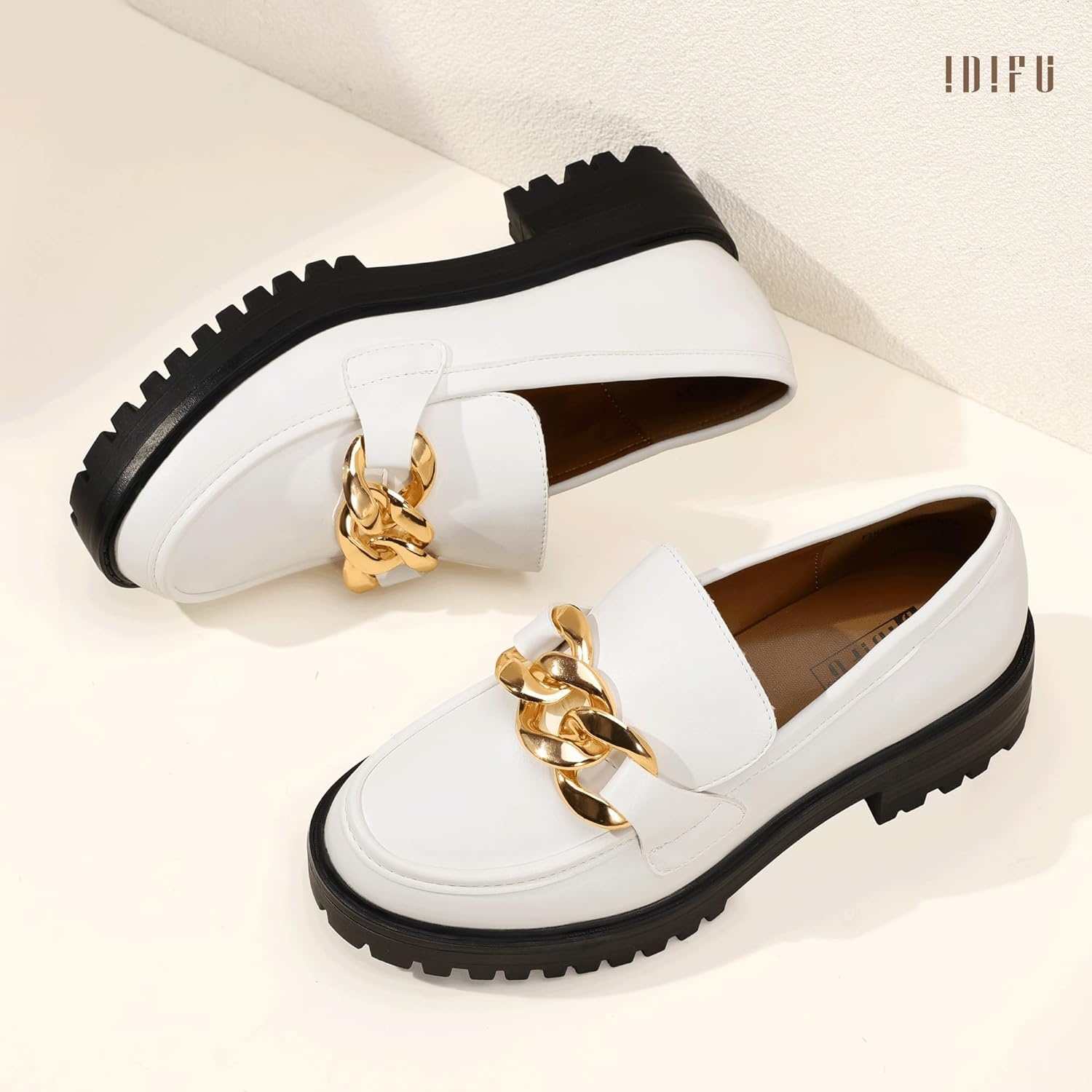 image:imageIDIFU IN2 Platform Loafers for Women Dressy with Metal Chain Slip On Low Chunky Block Lug Sole Heeled Penny Loafers Comfort Closed Round Toe Dress Shoes Office Work Business Casual Fall Loafers ShoesWhite Pu