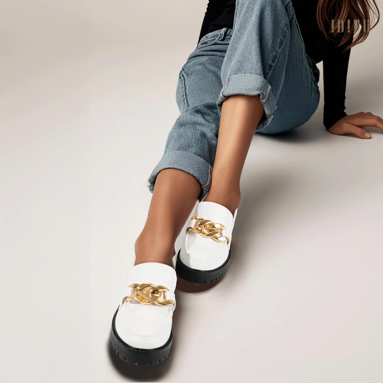 image:imageIDIFU IN2 Platform Loafers for Women Dressy with Metal Chain Slip On Low Chunky Block Lug Sole Heeled Penny Loafers Comfort Closed Round Toe Dress Shoes Office Work Business Casual Fall Loafers ShoesWhite Pu