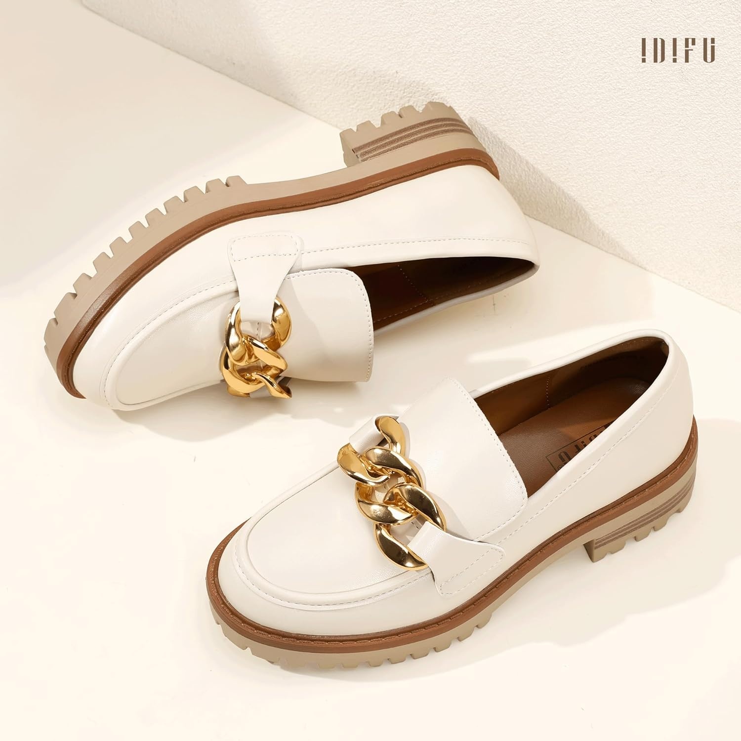 image:imageIDIFU IN2 Platform Loafers for Women Dressy with Metal Chain Slip On Low Chunky Block Lug Sole Heeled Penny Loafers Comfort Closed Round Toe Dress Shoes Office Work Business Casual Fall Loafers ShoesBeige Pu
