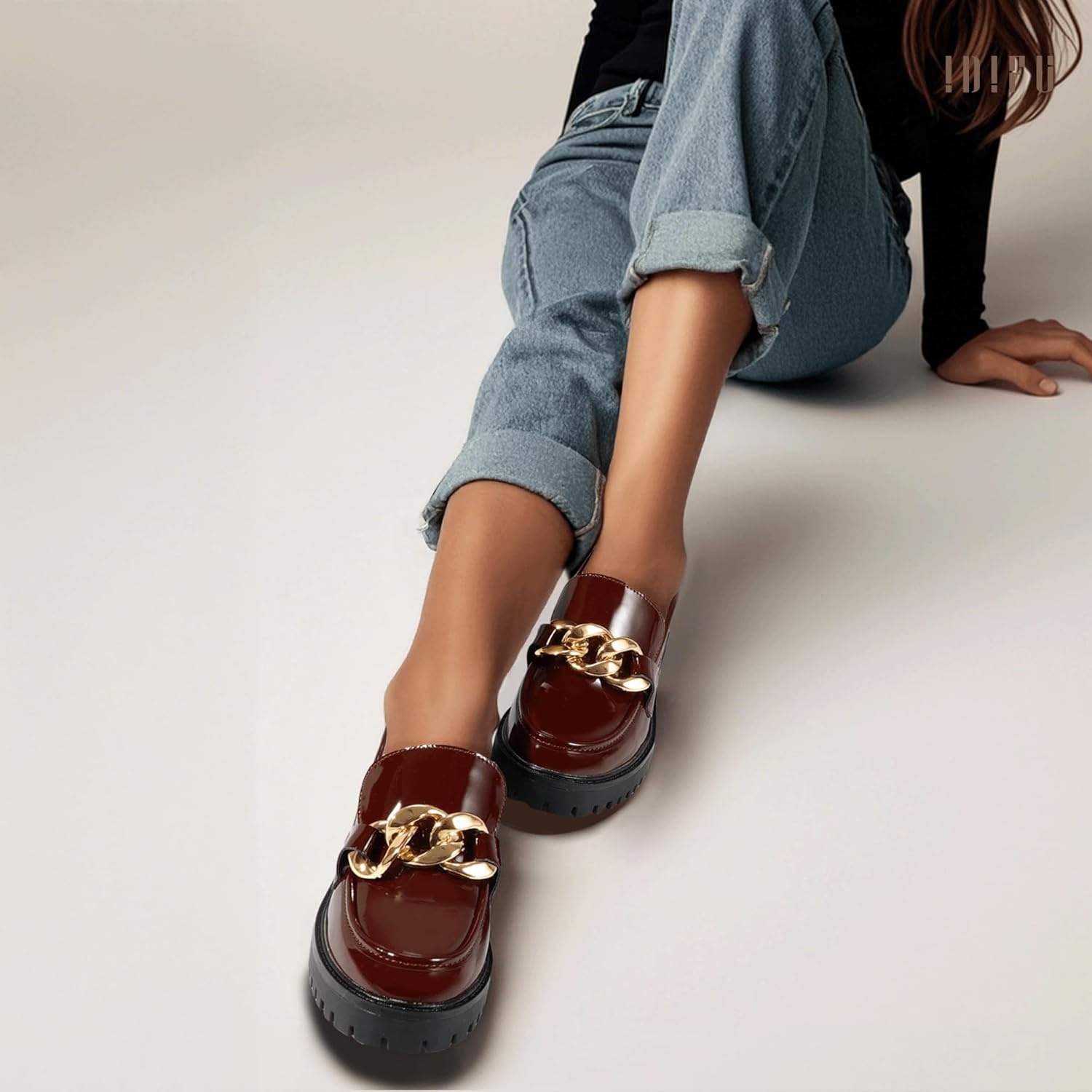 image:imageIDIFU IN2 Platform Loafers for Women Dressy with Metal Chain Slip On Low Chunky Block Lug Sole Heeled Penny Loafers Comfort Closed Round Toe Dress Shoes Office Work Business Casual Fall Loafers ShoesRed Patent