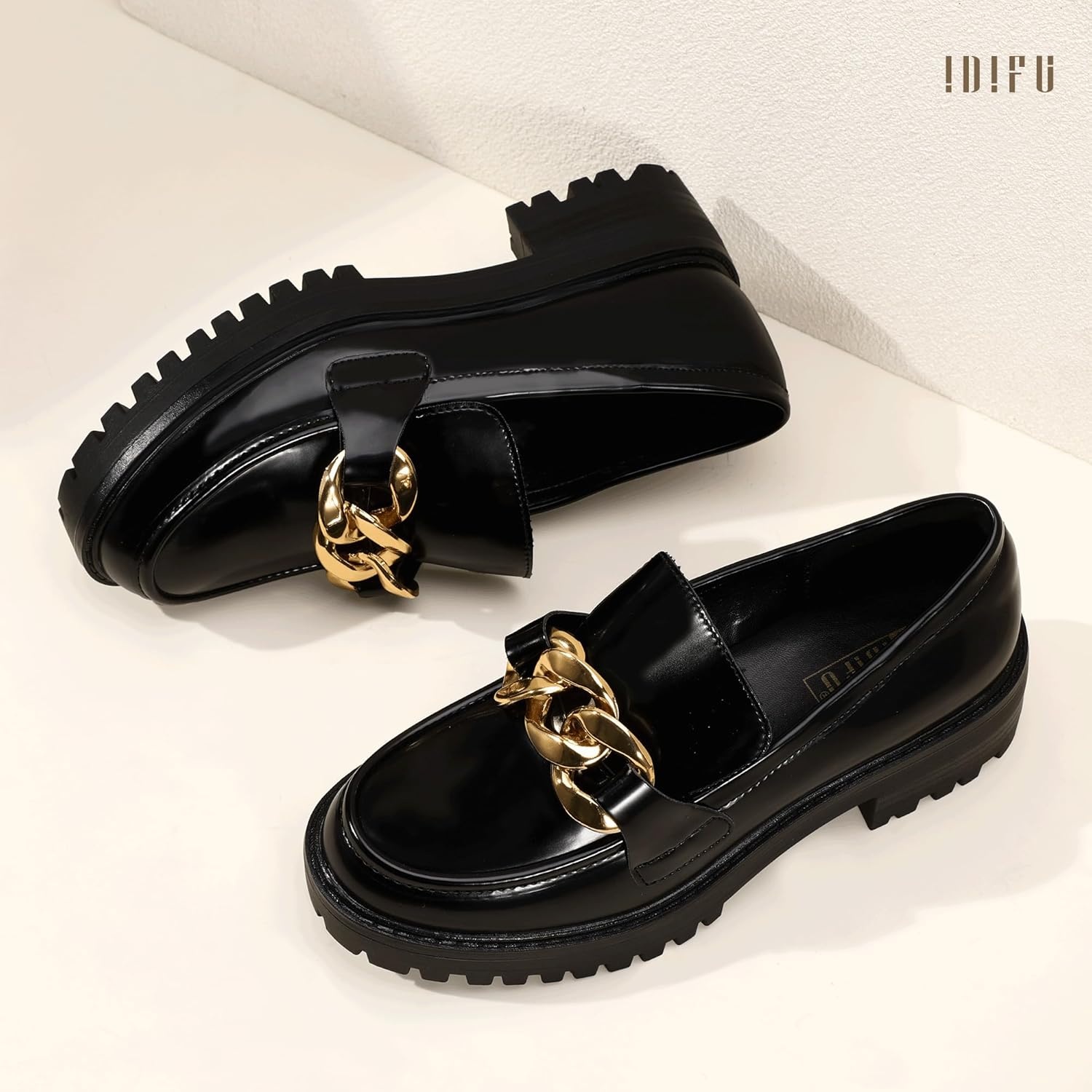 image:imageIDIFU IN2 Platform Loafers for Women Dressy with Metal Chain Slip On Low Chunky Block Lug Sole Heeled Penny Loafers Comfort Closed Round Toe Dress Shoes Office Work Business Casual Fall Loafers ShoesBlack Pu