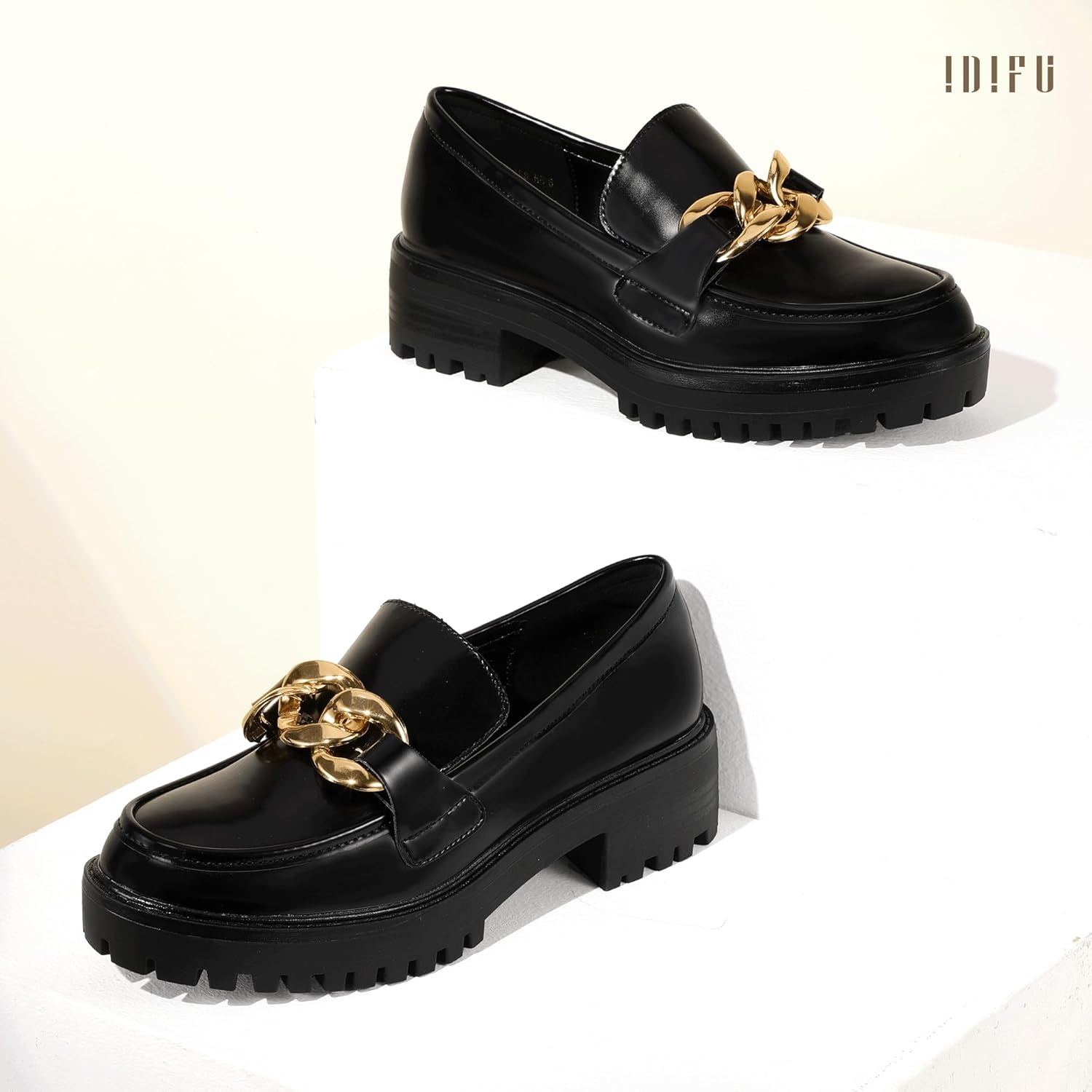 image:imageIDIFU IN2 Platform Loafers for Women Dressy with Metal Chain Slip On Low Chunky Block Lug Sole Heeled Penny Loafers Comfort Closed Round Toe Dress Shoes Office Work Business Casual Fall Loafers ShoesBlack Pu