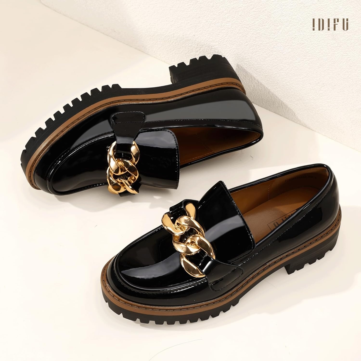 image:imageIDIFU IN2 Platform Loafers for Women Dressy with Metal Chain Slip On Low Chunky Block Lug Sole Heeled Penny Loafers Comfort Closed Round Toe Dress Shoes Office Work Business Casual Fall Loafers ShoesBlack Patent
