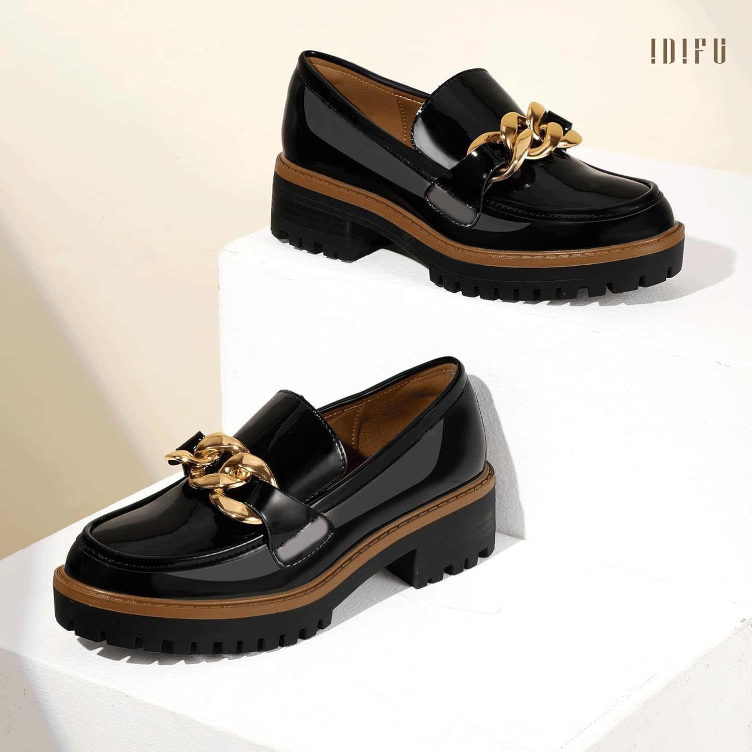 image:imageIDIFU IN2 Platform Loafers for Women Dressy with Metal Chain Slip On Low Chunky Block Lug Sole Heeled Penny Loafers Comfort Closed Round Toe Dress Shoes Office Work Business Casual Fall Loafers ShoesBlack Patent