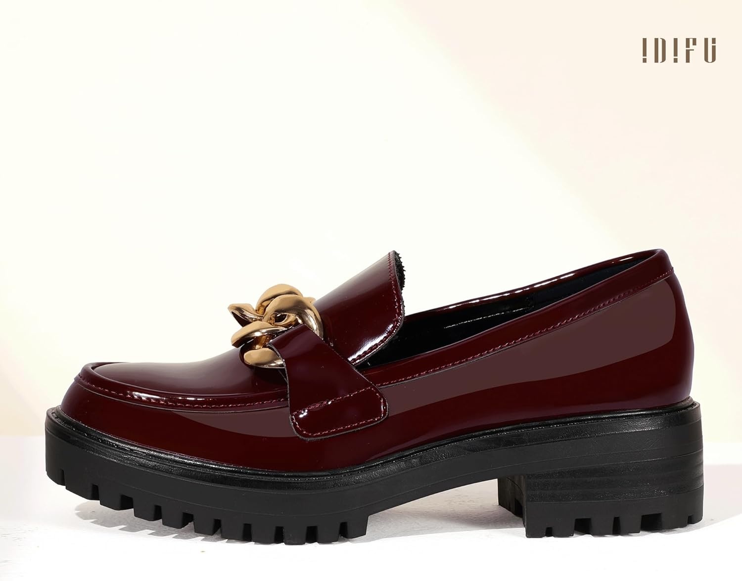 image:imageIDIFU IN2 Platform Loafers for Women Dressy with Metal Chain Slip On Low Chunky Block Lug Sole Heeled Penny Loafers Comfort Closed Round Toe Dress Shoes Office Work Business Casual Fall Loafers ShoesRed Patent