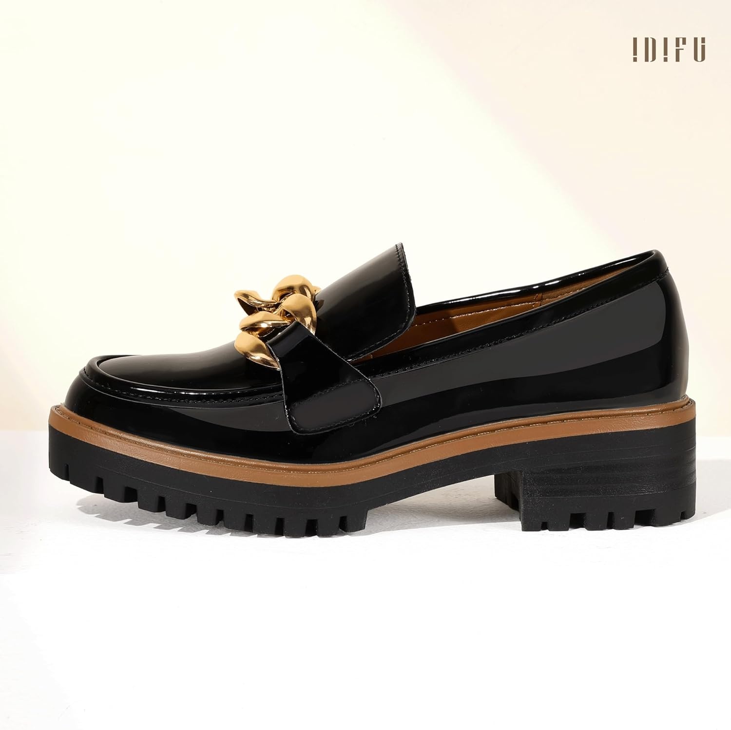 image:imageIDIFU IN2 Platform Loafers for Women Dressy with Metal Chain Slip On Low Chunky Block Lug Sole Heeled Penny Loafers Comfort Closed Round Toe Dress Shoes Office Work Business Casual Fall Loafers ShoesBlack Patent