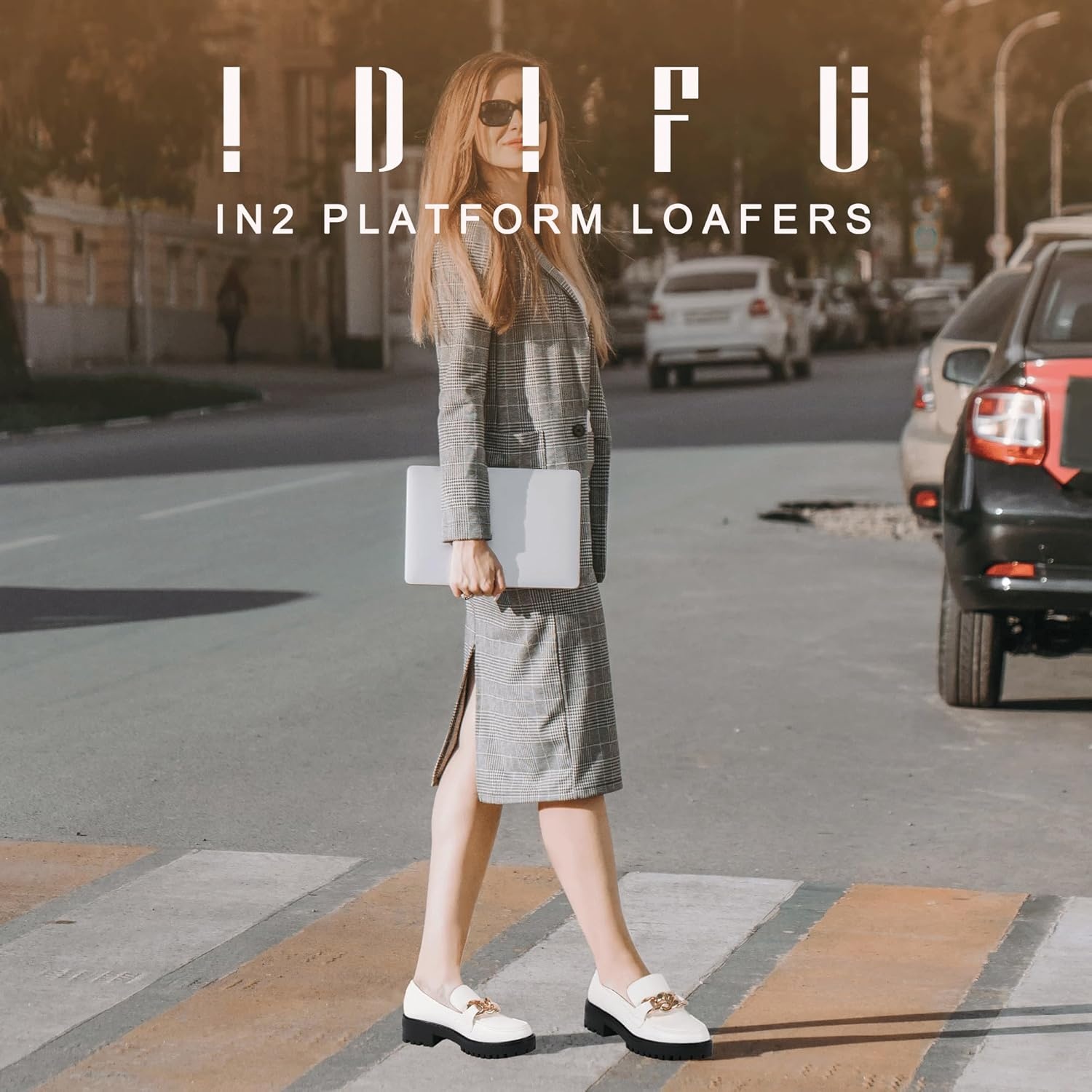 image:imageIDIFU IN2 Platform Loafers for Women Dressy with Metal Chain Slip On Low Chunky Block Lug Sole Heeled Penny Loafers Comfort Closed Round Toe Dress Shoes Office Work Business Casual Fall Loafers ShoesWhite Pu