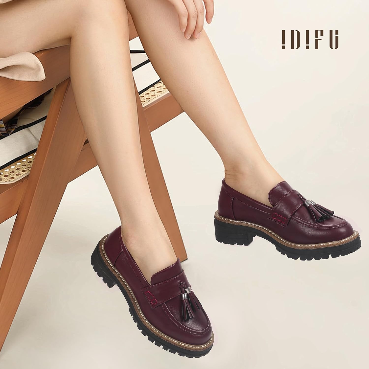 image:imageIDIFU IN2 Platform Loafers for Women Lug Sole Slip on Shoes Chunky Penny Low Heeled Loafers for Women Fall Work Business Office Party Casual Comfortable Fashion Closed Toe Dress Shoes with TasselBurgundy Pu