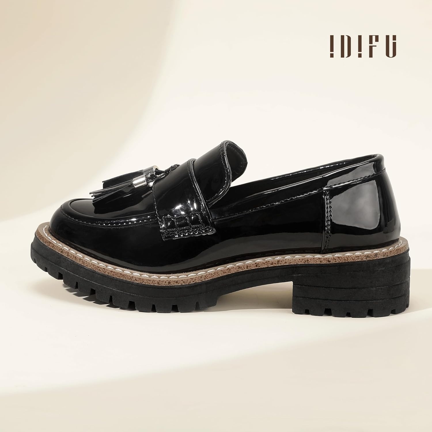 image:imageIDIFU IN2 Platform Loafers for Women Lug Sole Slip on Shoes Chunky Penny Low Heeled Loafers for Women Fall Work Business Office Party Casual Comfortable Fashion Closed Toe Dress Shoes with TasselBlack Pat