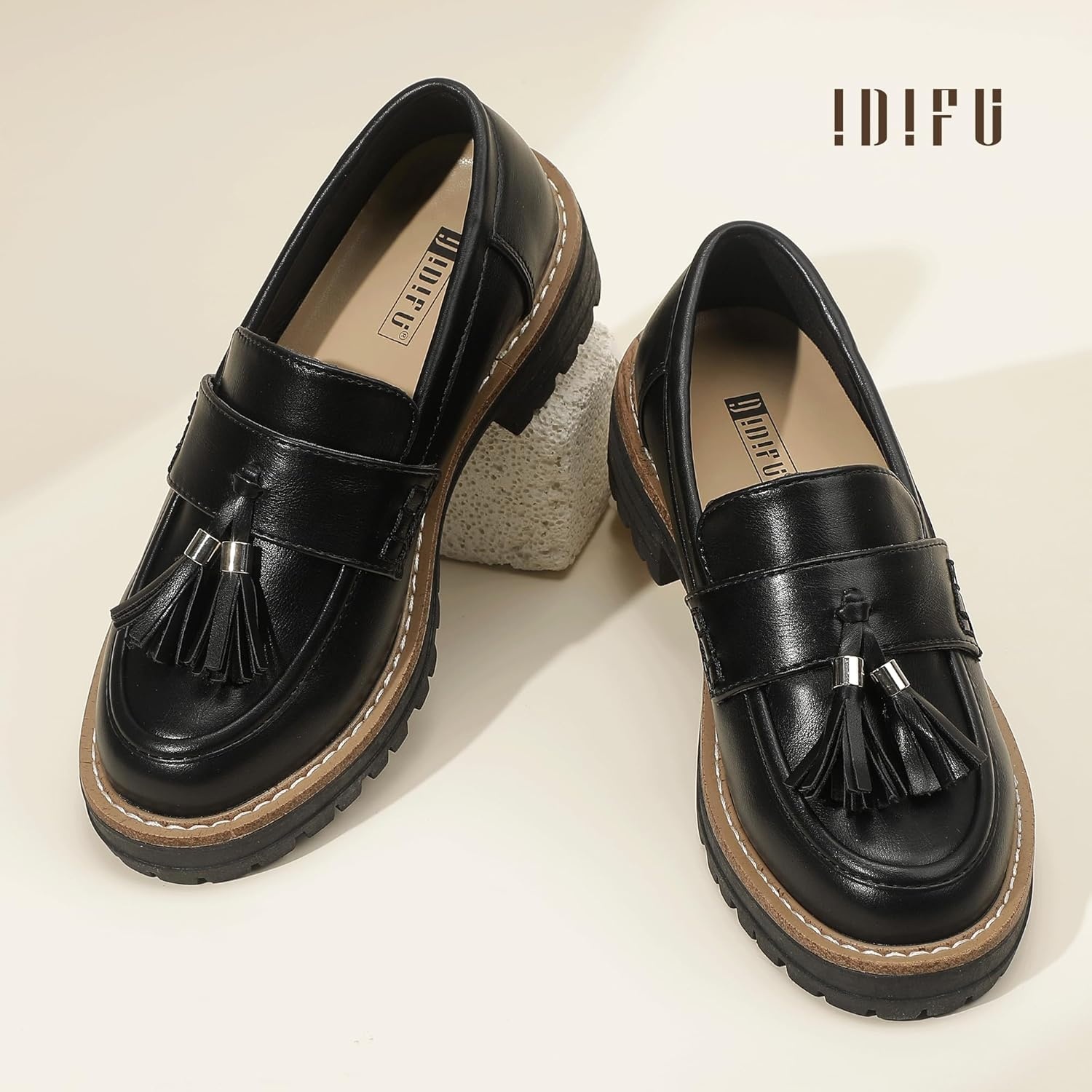 image:imageIDIFU IN2 Platform Loafers for Women Lug Sole Slip on Shoes Chunky Penny Low Heeled Loafers for Women Fall Work Business Office Party Casual Comfortable Fashion Closed Toe Dress Shoes with TasselBlack Pu